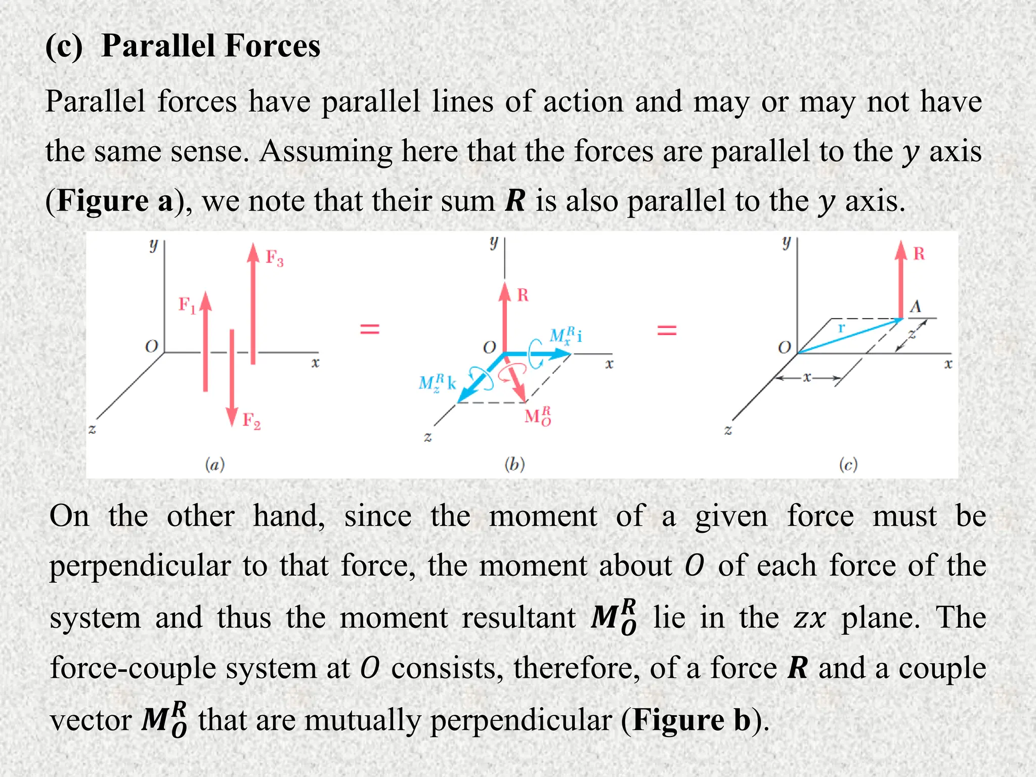 (c) Parallel Forces
Parallel forces have parallel lines of action and may or may not have
the same sense. Assuming here that the forces are parallel to the 𝑦 axis
(Figure a), we note that their sum 𝑹 is also parallel to the 𝑦 axis.
On the other hand, since the moment of a given force must be
perpendicular to that force, the moment about 𝑂 of each force of the
system and thus the moment resultant 𝑴𝑶
𝑹
lie in the 𝑧𝑥 plane. The
force-couple system at 𝑂 consists, therefore, of a force 𝑹 and a couple
vector 𝑴𝑶
𝑹
that are mutually perpendicular (Figure b).
 