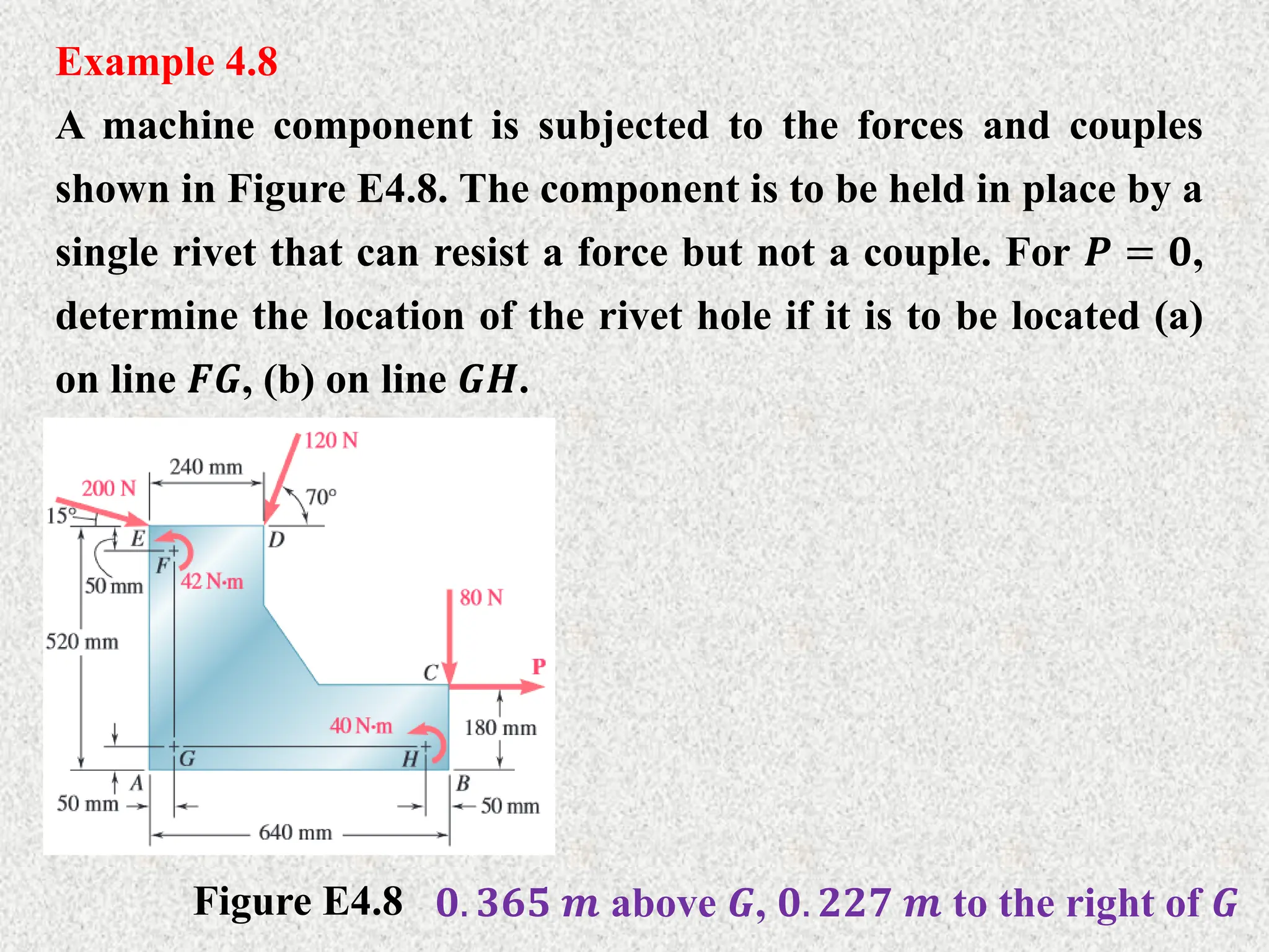 Example 4.8
A machine component is subjected to the forces and couples
shown in Figure E4.8. The component is to be held in place by a
single rivet that can resist a force but not a couple. For 𝑷 = 𝟎,
determine the location of the rivet hole if it is to be located (a)
on line 𝑭𝑮, (b) on line 𝑮𝑯.
Figure E4.8 𝟎. 𝟑𝟔𝟓 𝒎 above 𝑮, 𝟎. 𝟐𝟐𝟕 𝒎 to the right of 𝑮
 