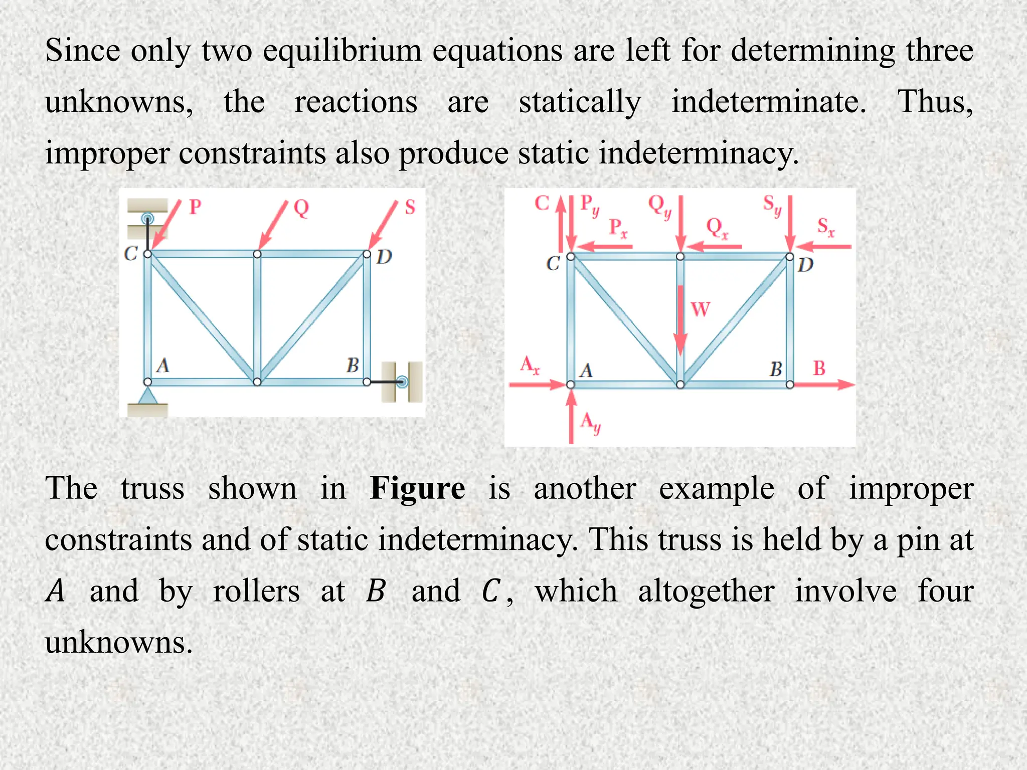 Since only two equilibrium equations are left for determining three
unknowns, the reactions are statically indeterminate. Thus,
improper constraints also produce static indeterminacy.
The truss shown in Figure is another example of improper
constraints and of static indeterminacy. This truss is held by a pin at
𝐴 and by rollers at 𝐵 and 𝐶, which altogether involve four
unknowns.
 