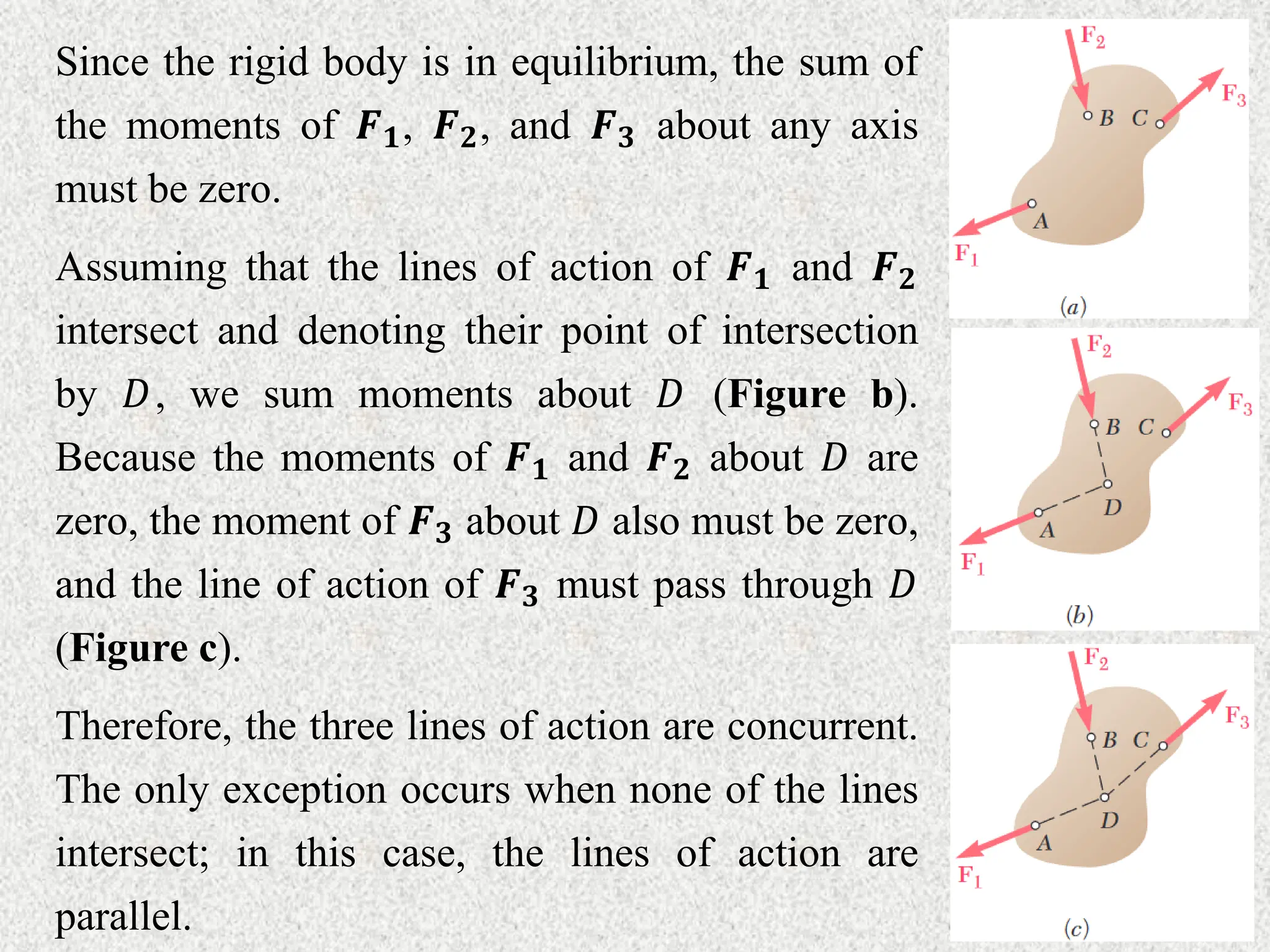 Since the rigid body is in equilibrium, the sum of
the moments of 𝑭𝟏, 𝑭𝟐, and 𝑭𝟑 about any axis
must be zero.
Assuming that the lines of action of 𝑭𝟏 and 𝑭𝟐
intersect and denoting their point of intersection
by 𝐷, we sum moments about 𝐷 (Figure b).
Because the moments of 𝑭𝟏 and 𝑭𝟐 about 𝐷 are
zero, the moment of 𝑭𝟑 about 𝐷 also must be zero,
and the line of action of 𝑭𝟑 must pass through 𝐷
(Figure c).
Therefore, the three lines of action are concurrent.
The only exception occurs when none of the lines
intersect; in this case, the lines of action are
parallel.
 