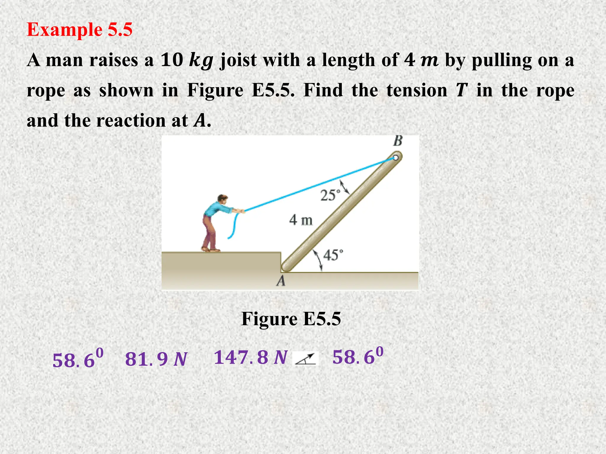 Example 5.5
A man raises a 𝟏𝟎 𝒌𝒈 joist with a length of 𝟒 𝒎 by pulling on a
rope as shown in Figure E5.5. Find the tension 𝑻 in the rope
and the reaction at 𝑨.
Figure E5.5
𝟓𝟖. 𝟔𝟎
𝟖𝟏. 𝟗 𝑵 𝟏𝟒𝟕. 𝟖 𝑵 𝟓𝟖. 𝟔𝟎
 