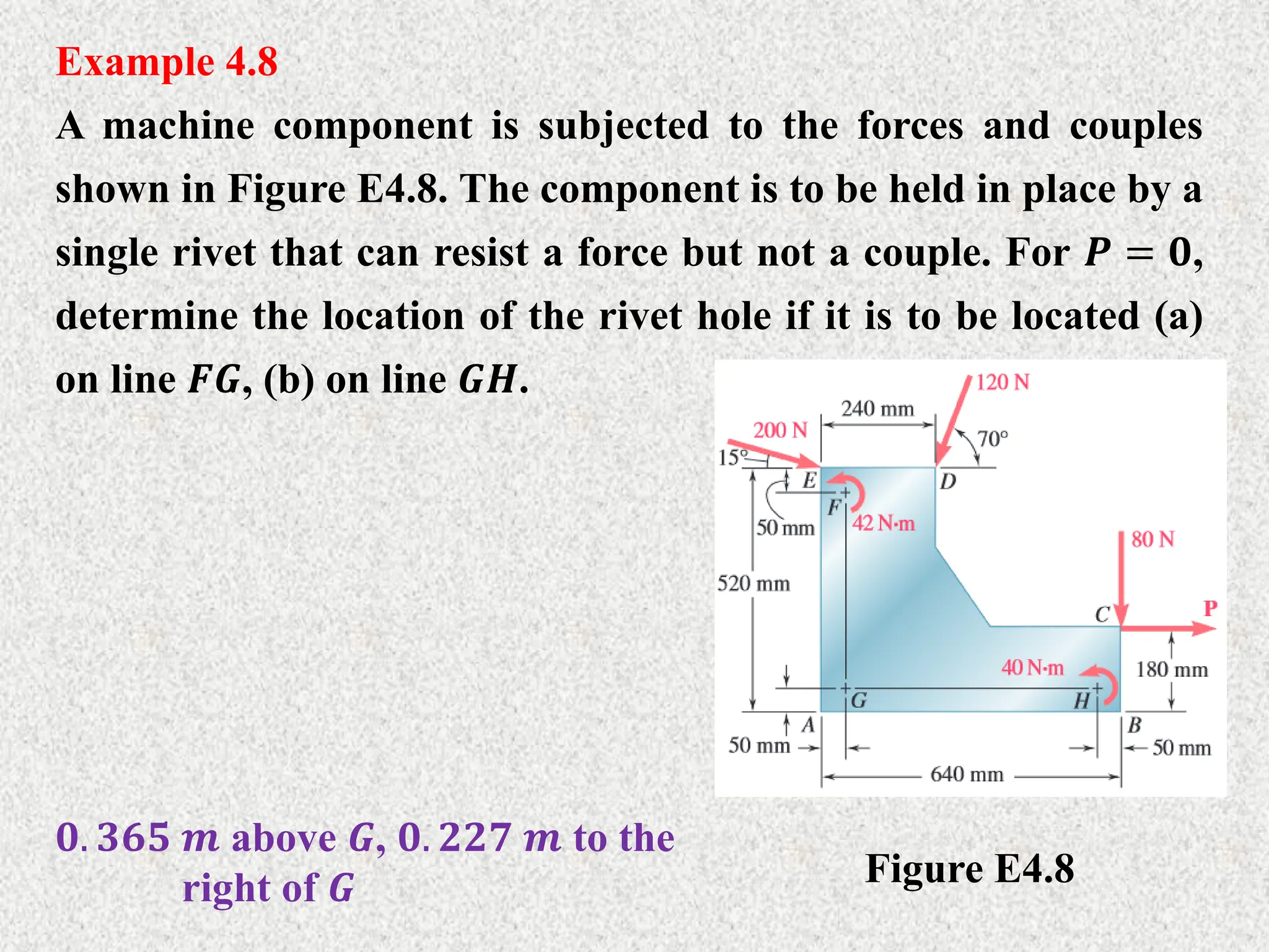 Example 4.8
A machine component is subjected to the forces and couples
shown in Figure E4.8. The component is to be held in place by a
single rivet that can resist a force but not a couple. For 𝑷 = 𝟎,
determine the location of the rivet hole if it is to be located (a)
on line 𝑭𝑮, (b) on line 𝑮𝑯.
Figure E4.8
𝟎. 𝟑𝟔𝟓 𝒎 above 𝑮, 𝟎. 𝟐𝟐𝟕 𝒎 to the
right of 𝑮
 