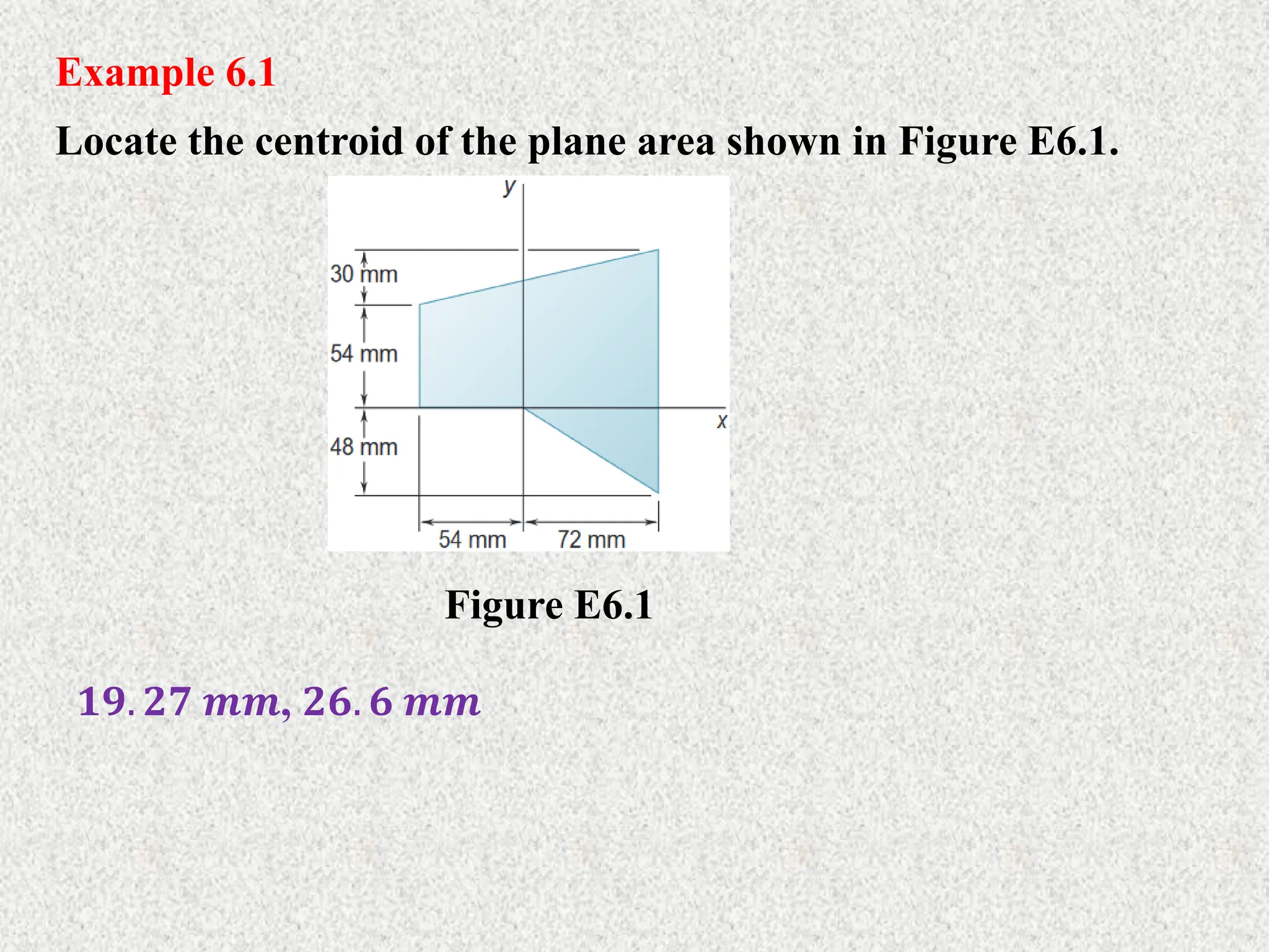 Example 6.1
Locate the centroid of the plane area shown in Figure E6.1.
Figure E6.1
𝟏𝟗. 𝟐𝟕 𝒎𝒎, 𝟐𝟔. 𝟔 𝒎𝒎
 