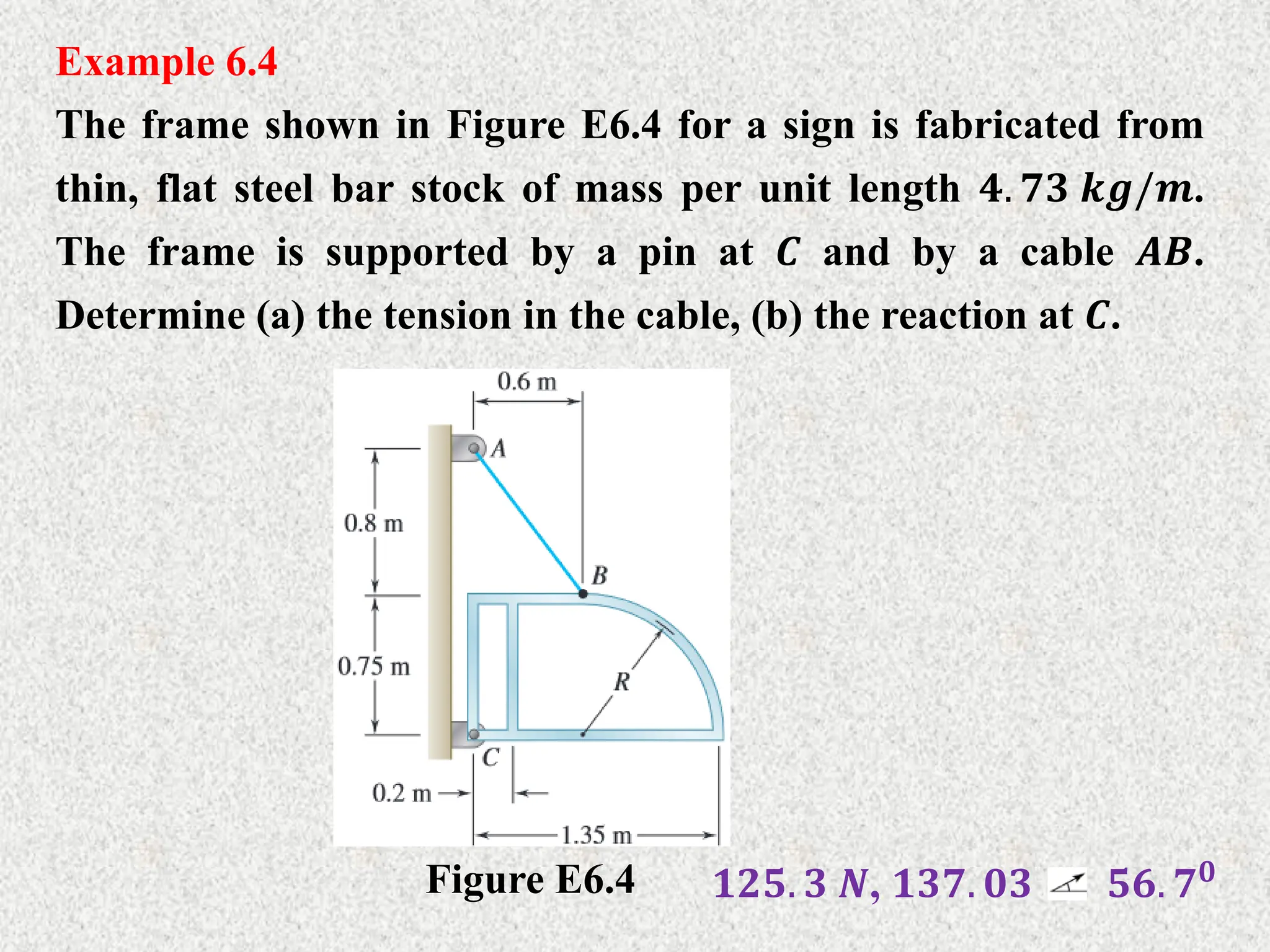 Example 6.4
The frame shown in Figure E6.4 for a sign is fabricated from
thin, flat steel bar stock of mass per unit length 𝟒. 𝟕𝟑 𝒌𝒈/𝒎.
The frame is supported by a pin at 𝑪 and by a cable 𝑨𝑩.
Determine (a) the tension in the cable, (b) the reaction at 𝑪.
Figure E6.4 𝟏𝟐𝟓. 𝟑 𝑵, 𝟏𝟑𝟕. 𝟎𝟑 𝟓𝟔. 𝟕𝟎
 