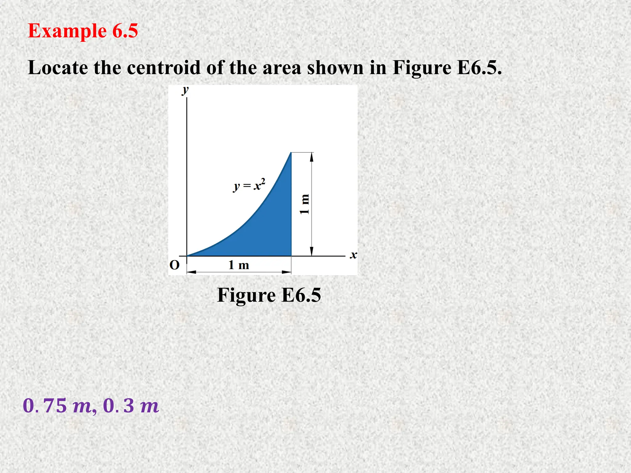 Example 6.5
Locate the centroid of the area shown in Figure E6.5.
𝟎. 𝟕𝟓 𝒎, 𝟎. 𝟑 𝒎
Figure E6.5
 