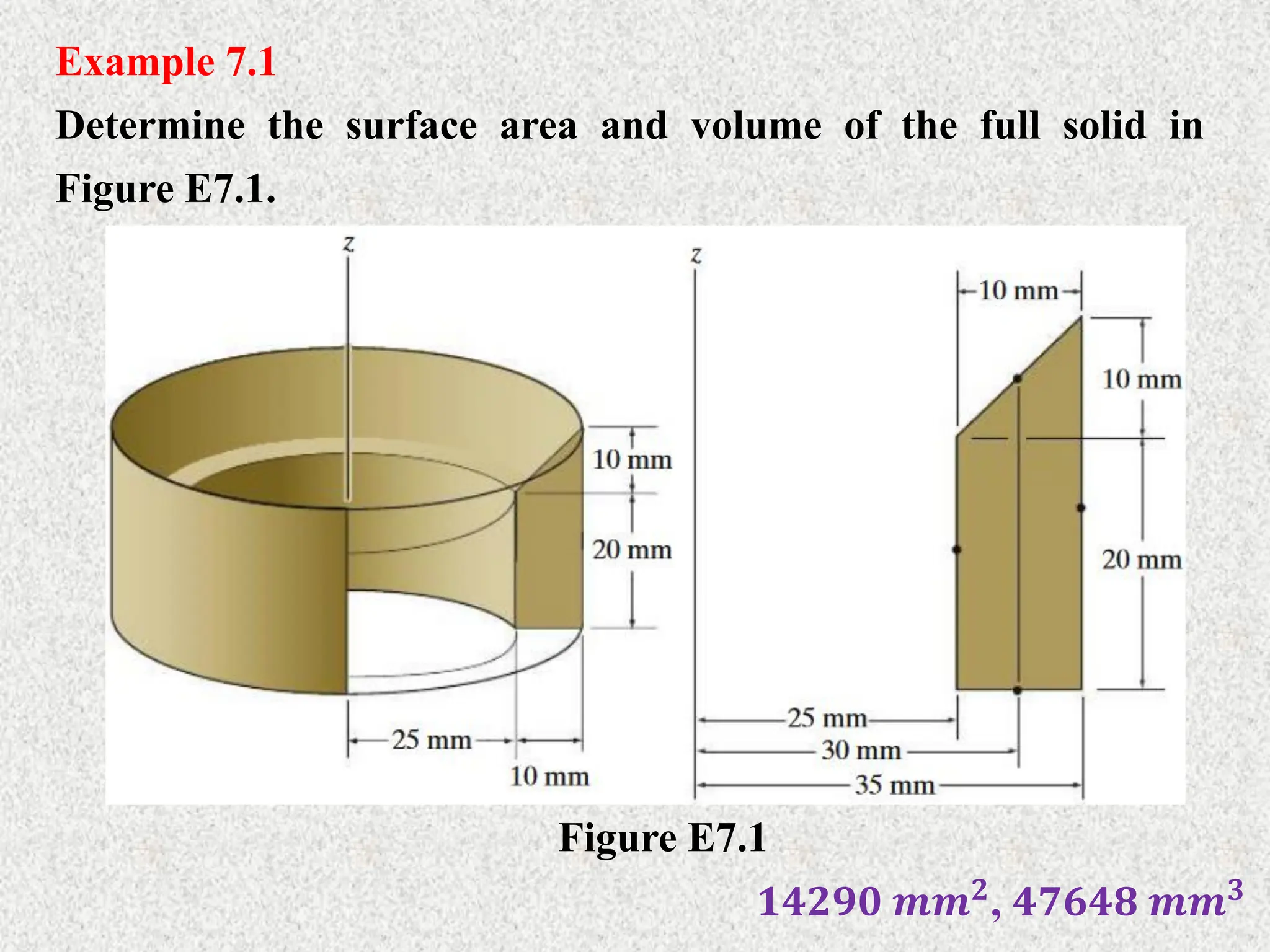 Example 7.1
Determine the surface area and volume of the full solid in
Figure E7.1.
Figure E7.1
𝟏𝟒𝟐𝟗𝟎 𝒎𝒎𝟐, 𝟒𝟕𝟔𝟒𝟖 𝒎𝒎𝟑
 