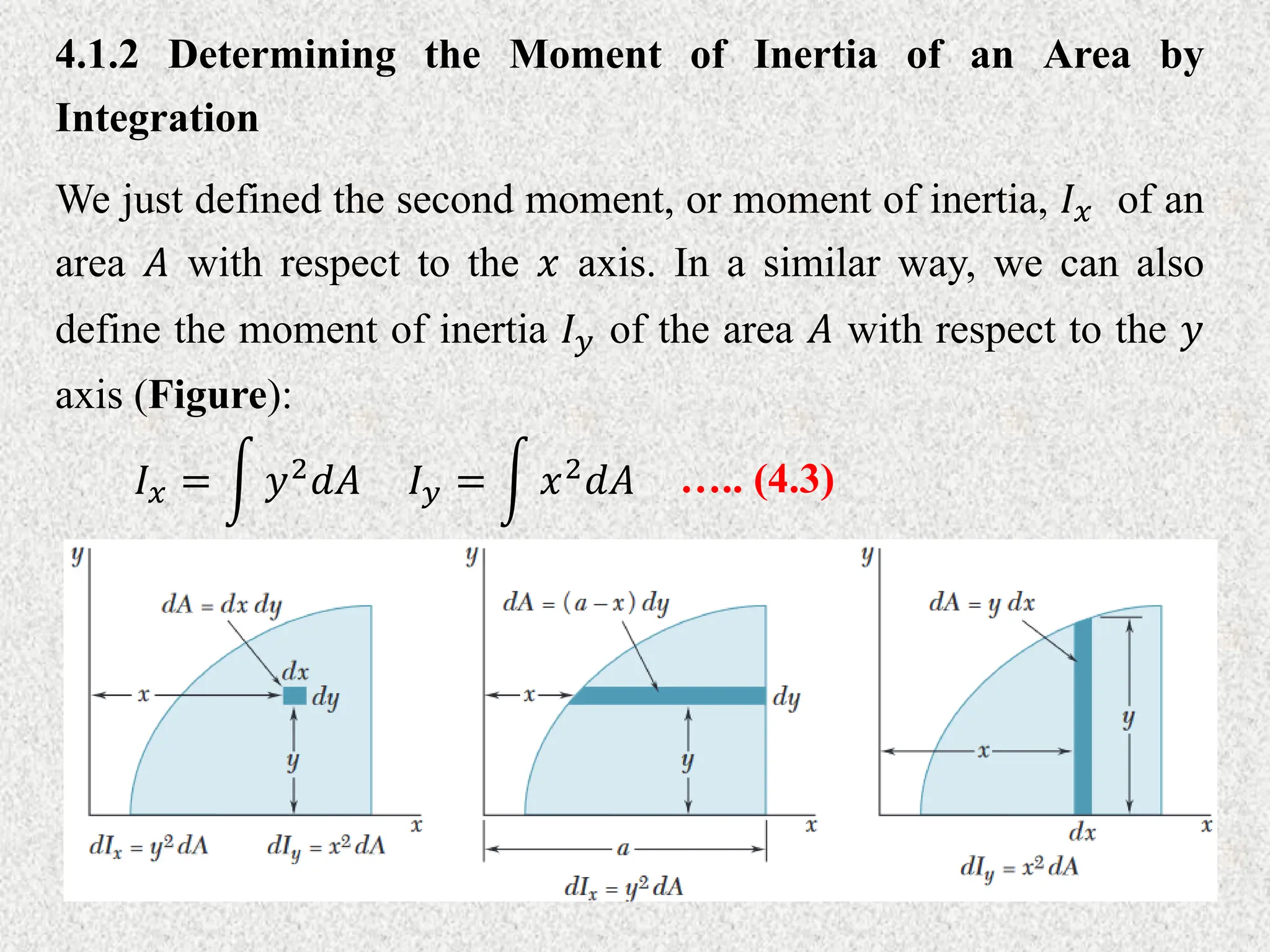 We just defined the second moment, or moment of inertia, 𝐼𝑥 of an
area 𝐴 with respect to the 𝑥 axis. In a similar way, we can also
define the moment of inertia 𝐼𝑦 of the area 𝐴 with respect to the 𝑦
axis (Figure):
𝐼𝑦 = 𝑥2𝑑𝐴 ….. (4.3)
𝐼𝑥 = 𝑦2𝑑𝐴
4.1.2 Determining the Moment of Inertia of an Area by
Integration
 