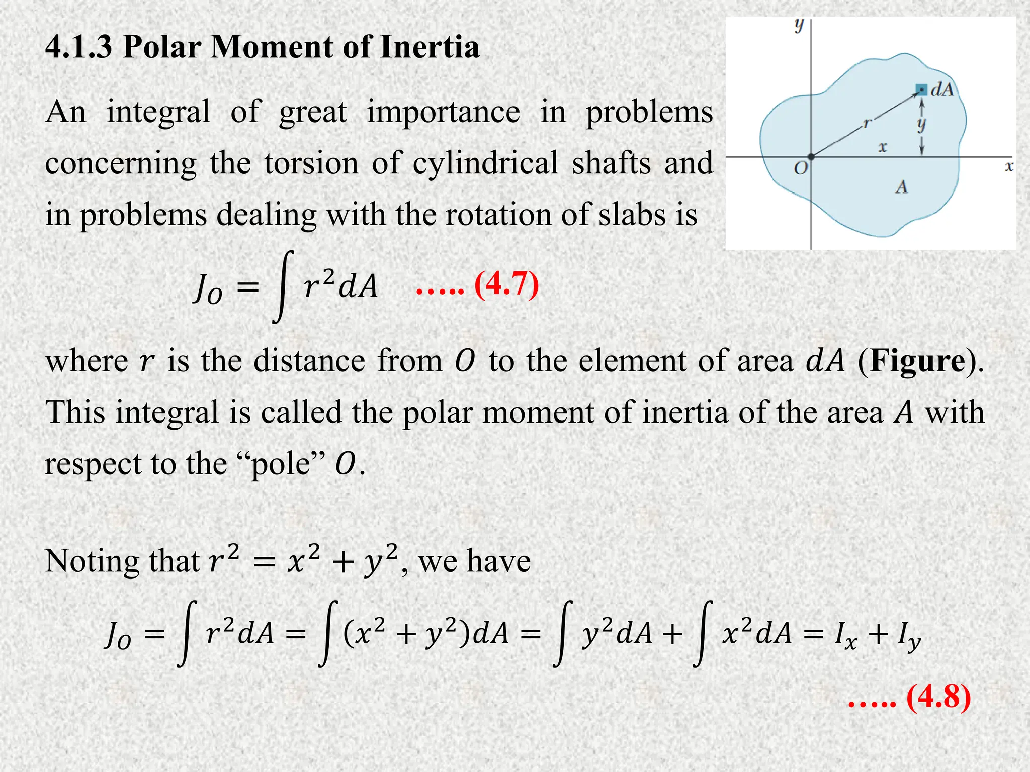 4.1.3 Polar Moment of Inertia
An integral of great importance in problems
concerning the torsion of cylindrical shafts and
in problems dealing with the rotation of slabs is
….. (4.7)
𝐽𝑂 = 𝑟2𝑑𝐴
where 𝑟 is the distance from 𝑂 to the element of area 𝑑𝐴 (Figure).
This integral is called the polar moment of inertia of the area 𝐴 with
respect to the “pole” 𝑂.
Noting that 𝑟2
= 𝑥2
+ 𝑦2
, we have
….. (4.8)
𝐽𝑂 = 𝑟2
𝑑𝐴 = 𝑥2
+ 𝑦2
𝑑𝐴 = 𝑦2
𝑑𝐴 + 𝑥2
𝑑𝐴 = 𝐼𝑥 + 𝐼𝑦
 
