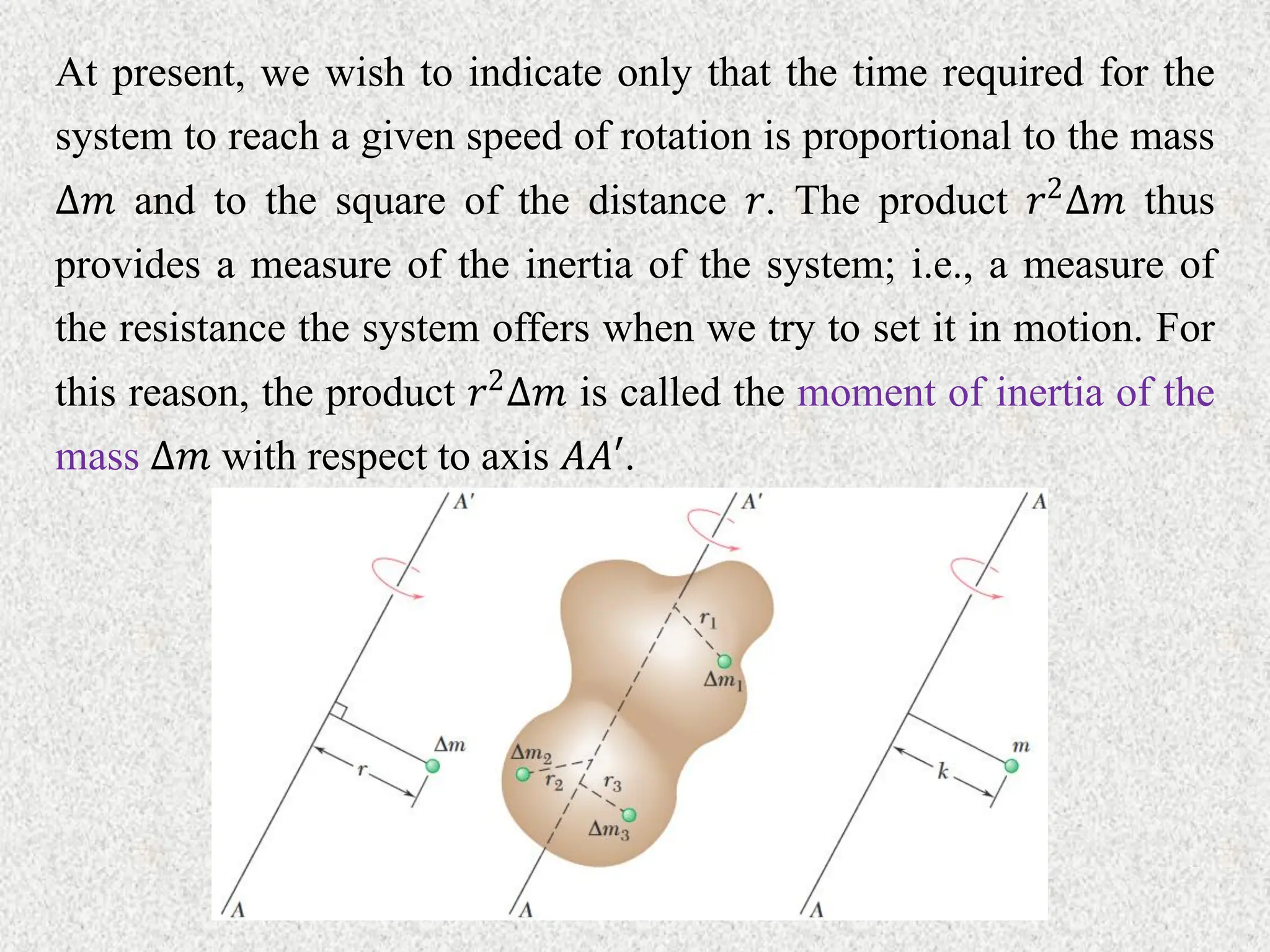 At present, we wish to indicate only that the time required for the
system to reach a given speed of rotation is proportional to the mass
∆𝑚 and to the square of the distance 𝑟. The product 𝑟2∆𝑚 thus
provides a measure of the inertia of the system; i.e., a measure of
the resistance the system offers when we try to set it in motion. For
this reason, the product 𝑟2∆𝑚 is called the moment of inertia of the
mass ∆𝑚 with respect to axis 𝐴𝐴′.
 