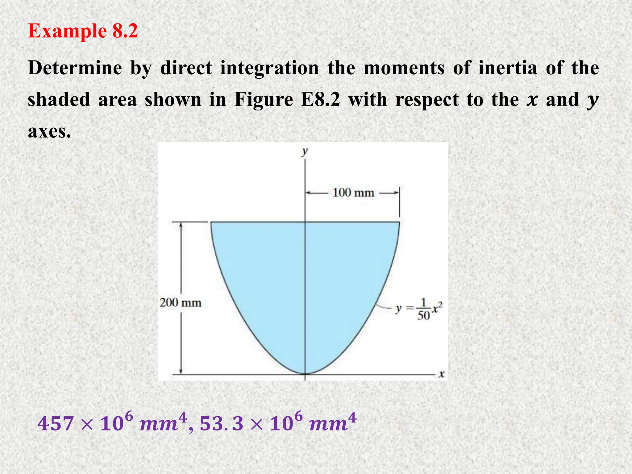 Example 8.2
Determine by direct integration the moments of inertia of the
shaded area shown in Figure E8.2 with respect to the 𝒙 and 𝒚
axes.
𝟒𝟓𝟕 × 𝟏𝟎𝟔
𝒎𝒎𝟒
, 𝟓𝟑. 𝟑 × 𝟏𝟎𝟔
𝒎𝒎𝟒
 