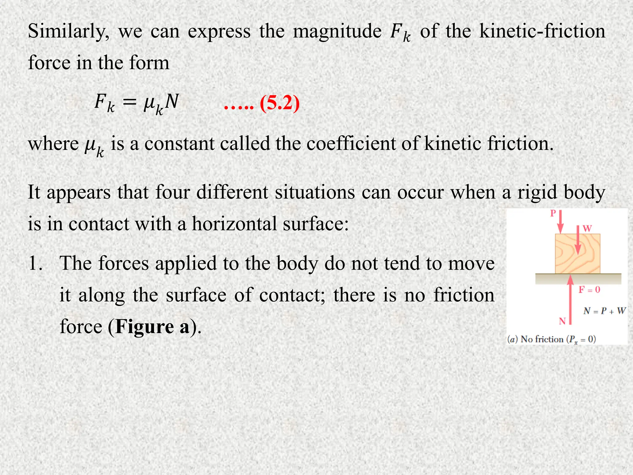 Similarly, we can express the magnitude 𝐹𝑘 of the kinetic-friction
force in the form
….. (5.2)
𝐹𝑘 = 𝜇𝑘𝑁
where 𝜇𝑘 is a constant called the coefficient of kinetic friction.
It appears that four different situations can occur when a rigid body
is in contact with a horizontal surface:
1. The forces applied to the body do not tend to move
it along the surface of contact; there is no friction
force (Figure a).
 
