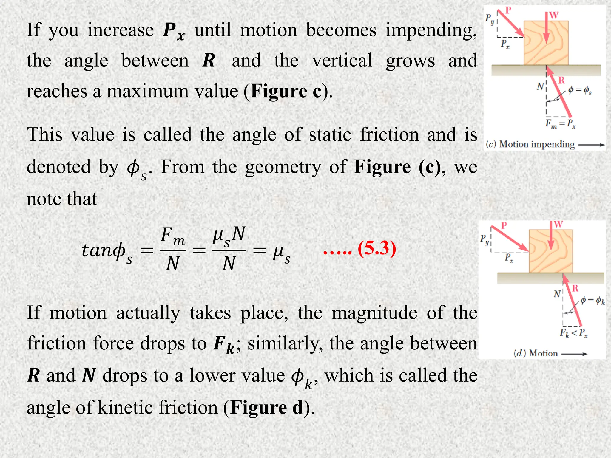 If you increase 𝑷𝒙 until motion becomes impending,
the angle between 𝑹 and the vertical grows and
reaches a maximum value (Figure c).
This value is called the angle of static friction and is
denoted by 𝜙𝑠. From the geometry of Figure (c), we
note that
….. (5.3)
𝑡𝑎𝑛𝜙𝑠 =
𝐹𝑚
𝑁
=
𝜇𝑠𝑁
𝑁
= 𝜇𝑠
If motion actually takes place, the magnitude of the
friction force drops to 𝑭𝒌; similarly, the angle between
𝑹 and 𝑵 drops to a lower value 𝜙𝑘, which is called the
angle of kinetic friction (Figure d).
 