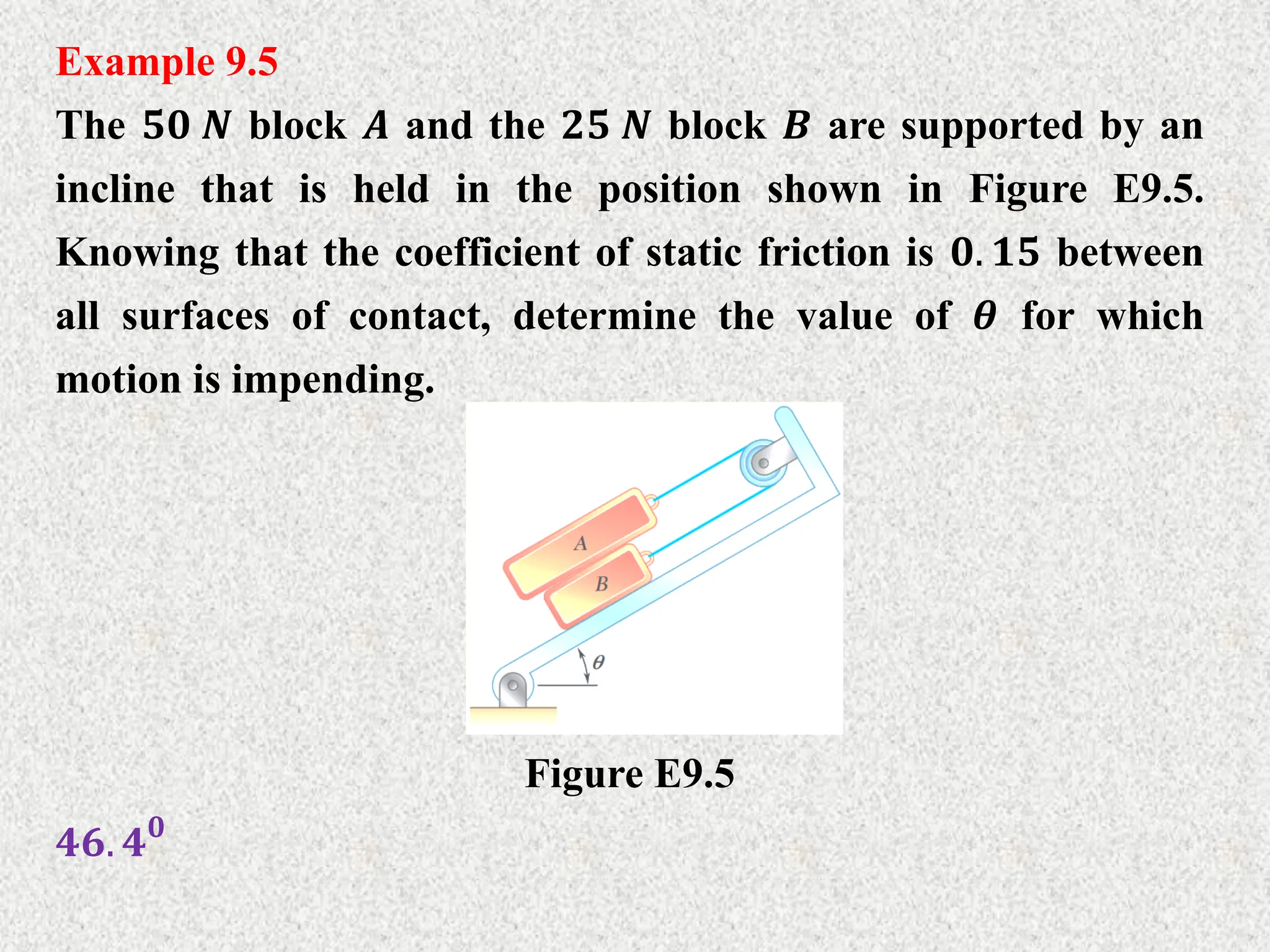 Example 9.5
The 𝟓𝟎 𝑵 block 𝑨 and the 𝟐𝟓 𝑵 block 𝑩 are supported by an
incline that is held in the position shown in Figure E9.5.
Knowing that the coefficient of static friction is 𝟎. 𝟏𝟓 between
all surfaces of contact, determine the value of 𝜽 for which
motion is impending.
Figure E9.5
𝟒𝟔. 𝟒𝟎
 