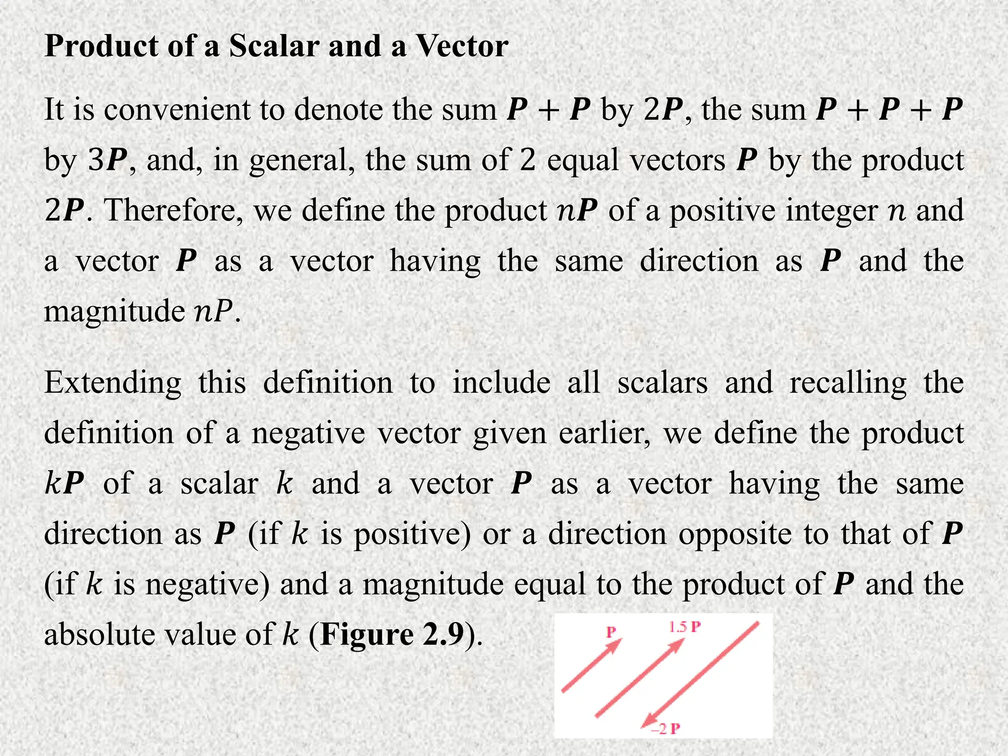 Product of a Scalar and a Vector
It is convenient to denote the sum 𝑷 + 𝑷 by 2𝑷, the sum 𝑷 + 𝑷 + 𝑷
by 3𝑷, and, in general, the sum of 2 equal vectors 𝑷 by the product
2𝑷. Therefore, we define the product 𝑛𝑷 of a positive integer 𝑛 and
a vector 𝑷 as a vector having the same direction as 𝑷 and the
magnitude 𝑛𝑃.
Extending this definition to include all scalars and recalling the
definition of a negative vector given earlier, we define the product
𝑘𝑷 of a scalar 𝑘 and a vector 𝑷 as a vector having the same
direction as 𝑷 (if 𝑘 is positive) or a direction opposite to that of 𝑷
(if 𝑘 is negative) and a magnitude equal to the product of 𝑷 and the
absolute value of 𝑘 (Figure 2.9).
 