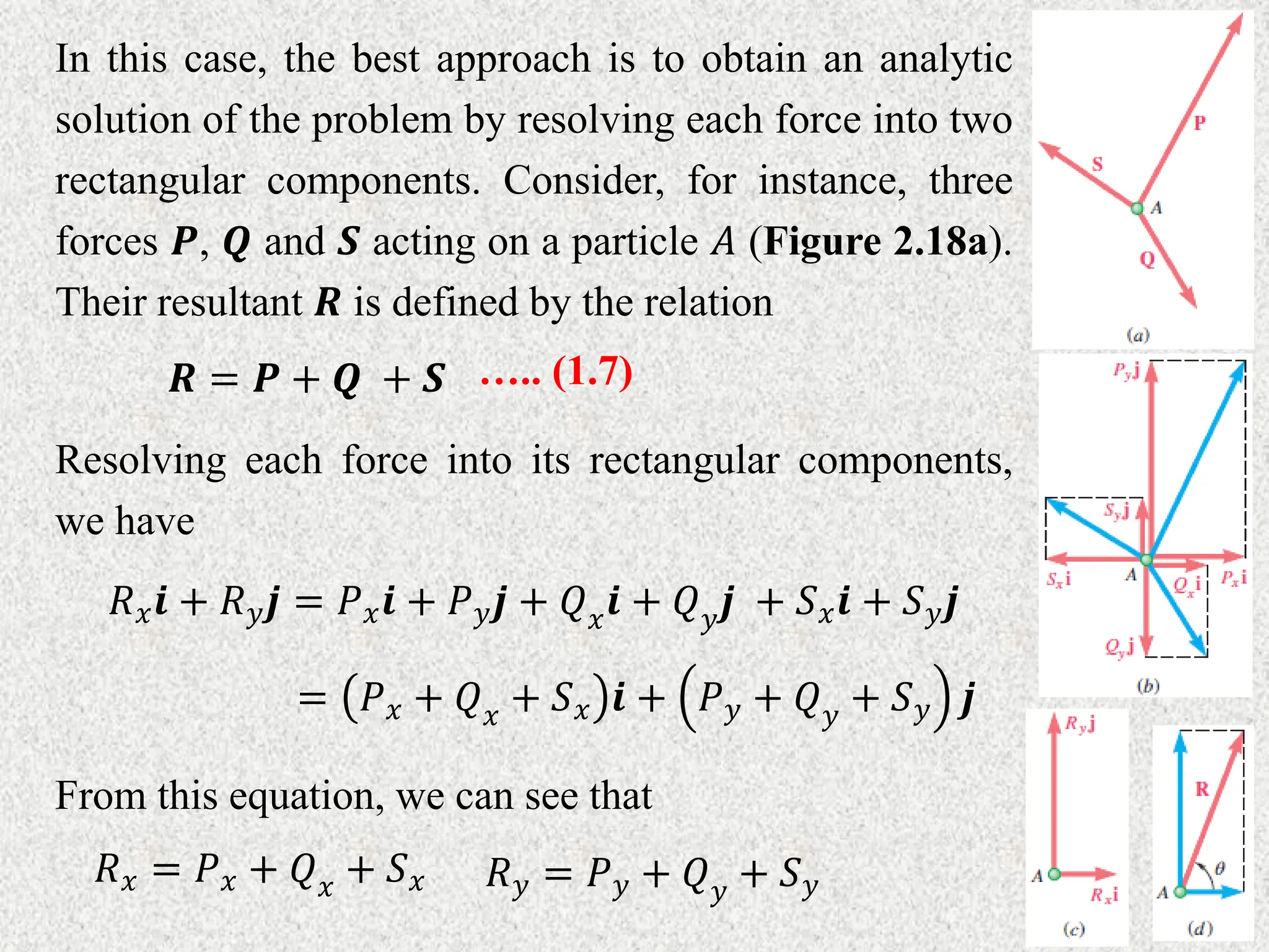 In this case, the best approach is to obtain an analytic
solution of the problem by resolving each force into two
rectangular components. Consider, for instance, three
forces 𝑷, 𝑸 and 𝑺 acting on a particle 𝐴 (Figure 2.18a).
Their resultant 𝑹 is defined by the relation
𝑹 = 𝑷 + 𝑸 + 𝑺 ….. (1.7)
Resolving each force into its rectangular components,
we have
𝑅𝑥𝒊 + 𝑅𝑦𝒋 = 𝑃𝑥𝒊 + 𝑃𝑦𝒋 + 𝑄𝑥𝒊 + 𝑄𝑦𝒋 + 𝑆𝑥𝒊 + 𝑆𝑦𝒋
= 𝑃𝑥 + 𝑄𝑥 + 𝑆𝑥 𝒊 + 𝑃𝑦 + 𝑄𝑦 + 𝑆𝑦 𝒋
From this equation, we can see that
𝑅𝑥 = 𝑃𝑥 + 𝑄𝑥 + 𝑆𝑥 𝑅𝑦 = 𝑃𝑦 + 𝑄𝑦 + 𝑆𝑦
 