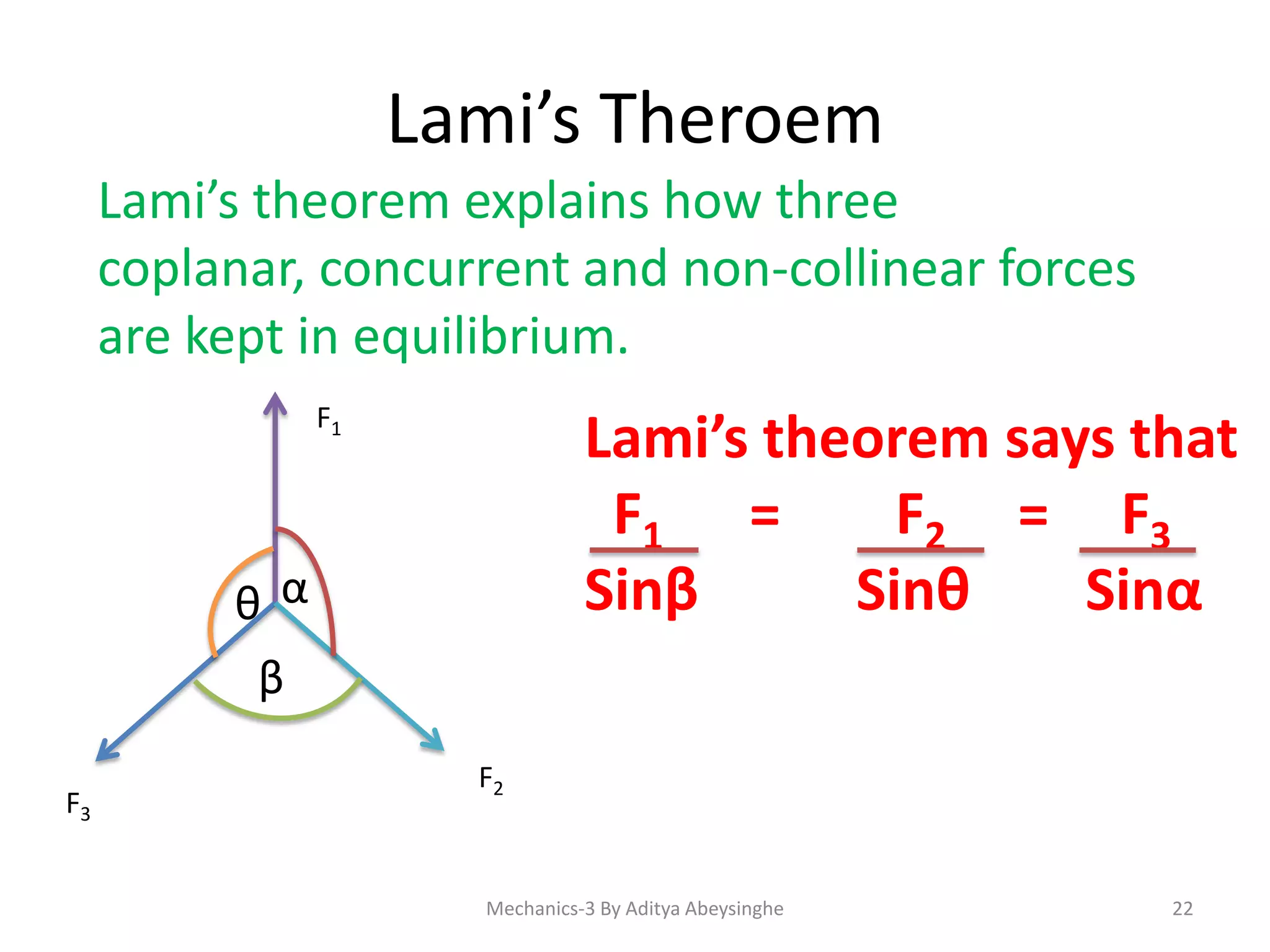 Lami’s Theroem
Lami’s theorem explains how three
coplanar, concurrent and non-collinear forces
are kept in equilibrium.
F1

Lami’s theorem says that
F1 =
F2 = F3
Sinβ
Sinθ
Sinα

θα
β
F3

F2

Mechanics-3 By Aditya Abeysinghe

22

 