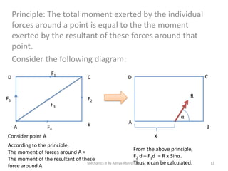Principle: The total moment exerted by the individual
forces around a point is equal to the the moment
exerted by the resultant of these forces around that
point.
Consider the following diagram:
F1

D

F5

F3

A
Consider point A

F4

C

C

D
R

F2

B

α

A

B
X

According to the principle,
From the above principle,
The moment of forces around A =
F2 d – F1d = R x Sinα.
The moment of the resultant of these
Mechanics-3 By Aditya Abeysinghe
Thus, x can be calculated.
force around A

12

 
