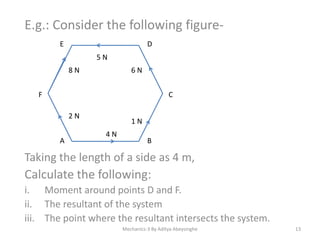 E.g.: Consider the following figureE

D
5N
8N

6N

F

C
2N
A

1N
4N

B

Taking the length of a side as 4 m,

Calculate the following:
i. Moment around points D and F.
ii. The resultant of the system
iii. The point where the resultant intersects the system.
Mechanics-3 By Aditya Abeysinghe

13

 