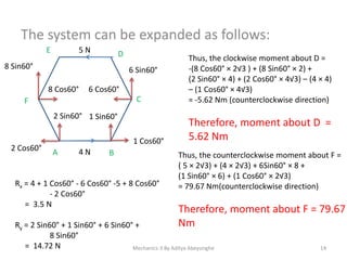 The system can be expanded as follows:
E

5N

D

8 Sin60°

6 Sin60°
8 Cos60°

6 Cos60°
C

F
2 Sin60° 1 Sin60°

2 Cos60°

1 Cos60°
A

4N

B

Rx = 4 + 1 Cos60° - 6 Cos60° -5 + 8 Cos60°
- 2 Cos60°
= 3.5 N

Thus, the clockwise moment about D =
-(8 Cos60° × 2√3 ) + (8 Sin60° × 2) +
(2 Sin60° × 4) + (2 Cos60° × 4√3) – (4 × 4)
– (1 Cos60° × 4√3)
= -5.62 Nm (counterclockwise direction)

Therefore, moment about D =
5.62 Nm
Thus, the counterclockwise moment about F =
( 5 × 2√3) + (4 × 2√3) + 6Sin60° × 8 +
(1 Sin60° × 6) + (1 Cos60° × 2√3)
= 79.67 Nm(counterclockwise direction)

Therefore, moment about F = 79.67
Nm

Ry = 2 Sin60° + 1 Sin60° + 6 Sin60° +
8 Sin60°
= 14.72 N
Mechanics-3 By Aditya Abeysinghe

14

 