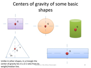 Centers of gravity of some basic
shapes
G
G
G

x
G

G

2x
Unlike in other shapes, in a triangle the
center of gravity lies in a 2:1 ratio from its
Mechanics-3 By Aditya Abeysinghe
weight/median line.

18

 