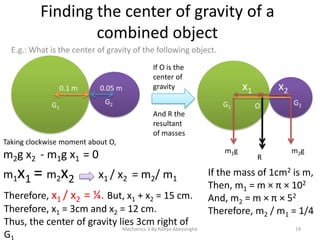Finding the center of gravity of a
combined object
E.g.: What is the center of gravity of the following object.

0.1 m
G1

0.05 m

If O is the
center of
gravity

G2

x2

x1
G1

And R the
resultant
of masses

O

G2

Taking clockwise moment about O,

m2g x2 - m1g x1 = 0
m1x1 = m2x2
x1 / x2 = m2/ m1
Therefore, x1 / x2 = ¼. But, x1 + x2 = 15 cm.
Therefore, x1 = 3cm and x2 = 12 cm.
Thus, the center of gravity lies 3cm right of
Mechanics-3 By Aditya Abeysinghe
G

m1 g

R

m2 g

If the mass of 1cm2 is m,
Then, m1 = m × π × 102
And, m2 = m × π × 52
Therefore, m2 / m1 = 1/4
19

 