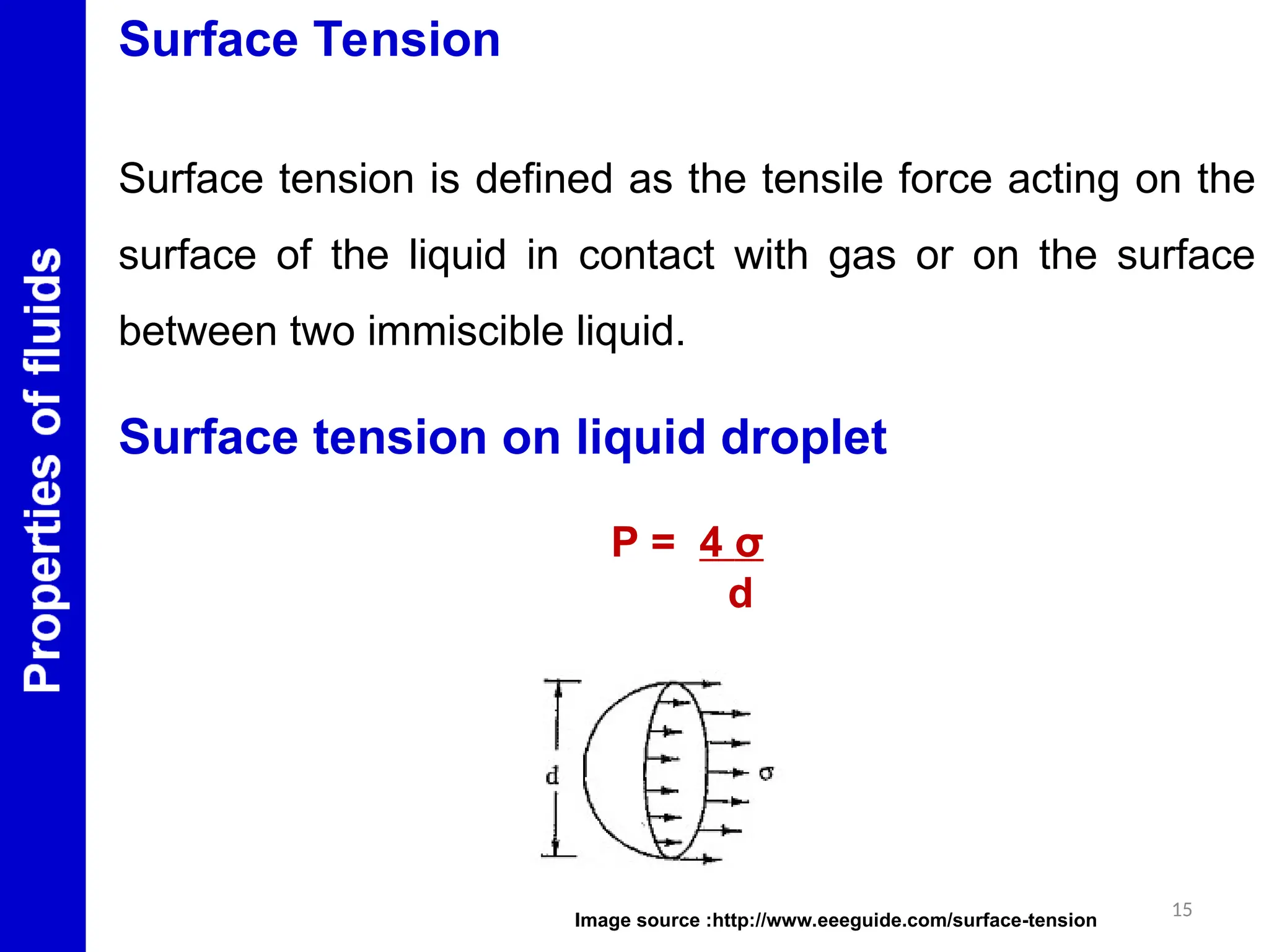 Surface Tension
Surface tension is defined as the tensile force acting on the
surface of the liquid in contact with gas or on the surface
between two immiscible liquid.
Surface tension on liquid droplet
P = 4 σ
d
15
Image source :http://www.eeeguide.com/surface-tension
 