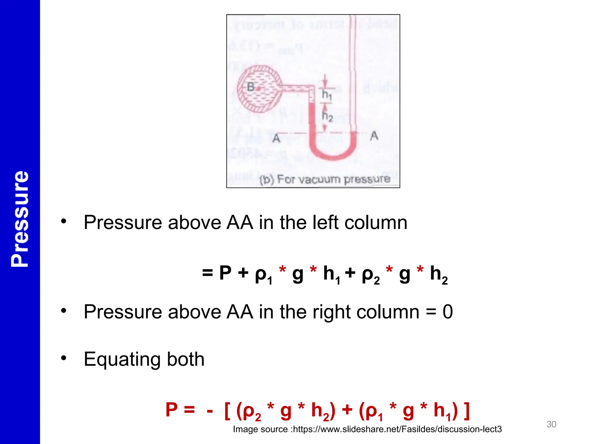 30
• Pressure above AA in the left column
= P + ρ1 * g * h1 + ρ2 * g * h2
• Pressure above AA in the right column = 0
• Equating both
P = - [ (ρ2 * g * h2) + (ρ1 * g * h1) ]
Image source :https://www.slideshare.net/Fasildes/discussion-lect3
 