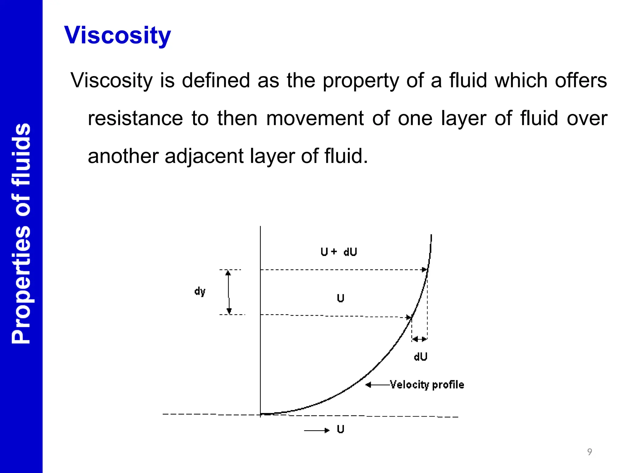 Viscosity
Viscosity is defined as the property of a fluid which offers
resistance to then movement of one layer of fluid over
another adjacent layer of fluid.
9
 