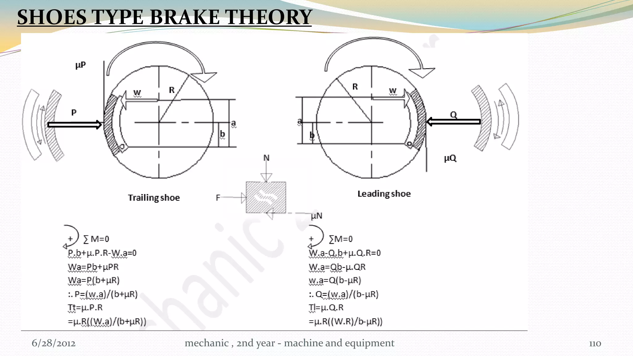 SHOES TYPE BRAKE THEORY




 6/28/2012   mechanic , 2nd year - machine and equipment   110
 