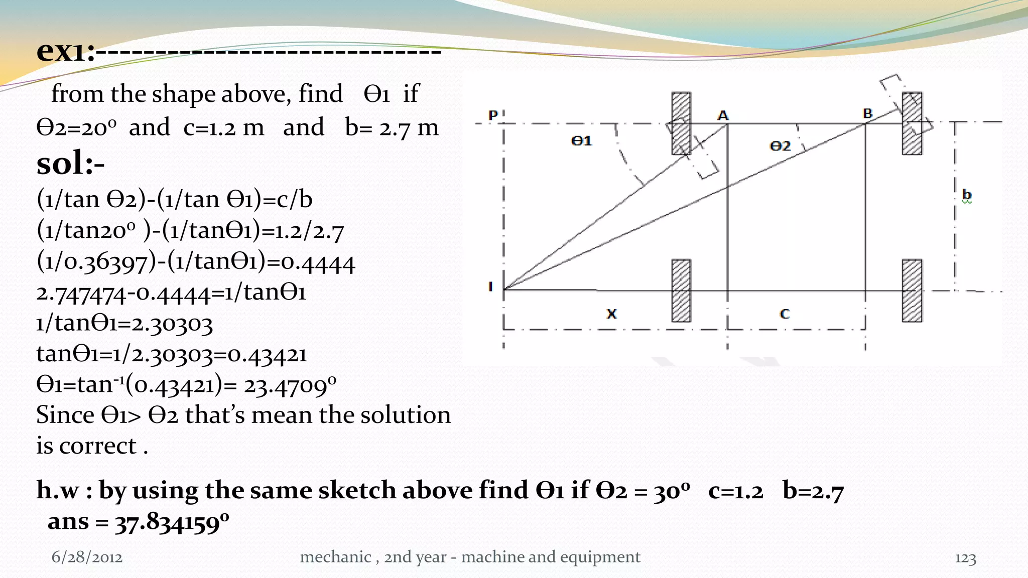 ex1:-----------------------------
 from the shape above, find Ɵ1 if
Ɵ2=200 and c=1.2 m and b= 2.7 m
sol:-
(1/tan Ɵ2)-(1/tan Ɵ1)=c/b
(1/tan200 )-(1/tanƟ1)=1.2/2.7
(1/0.36397)-(1/tanƟ1)=0.4444
2.747474-0.4444=1/tanƟ1
1/tanƟ1=2.30303
tanƟ1=1/2.30303=0.43421
Ɵ1=tan-1(0.43421)= 23.47090
Since Ɵ1> Ɵ2 that’s mean the solution
is correct .
h.w : by using the same sketch above find Ɵ1 if Ɵ2 = 300 c=1.2 b=2.7
 ans = 37.8341590
 6/28/2012             mechanic , 2nd year - machine and equipment     123
 