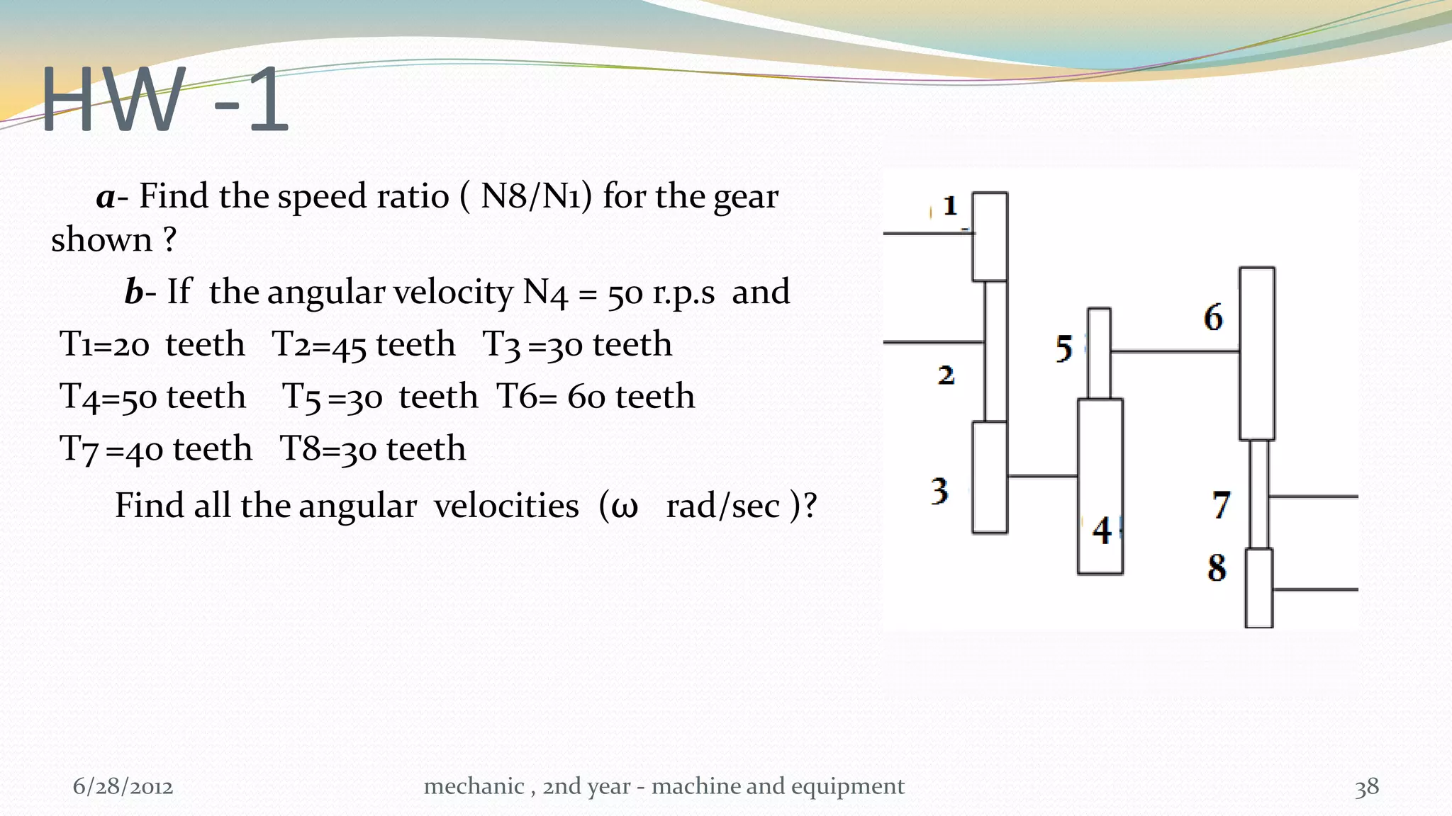 HW -1
   a- Find the speed ratio ( N8/N1) for the gear
shown ?
     b- If the angular velocity N4 = 50 r.p.s and
 T1=20 teeth T2=45 teeth T3 =30 teeth
 T4=50 teeth T5 =30 teeth T6= 60 teeth
 T7 =40 teeth T8=30 teeth
    Find all the angular velocities (ω rad/sec )?




 6/28/2012              mechanic , 2nd year - machine and equipment   38
 