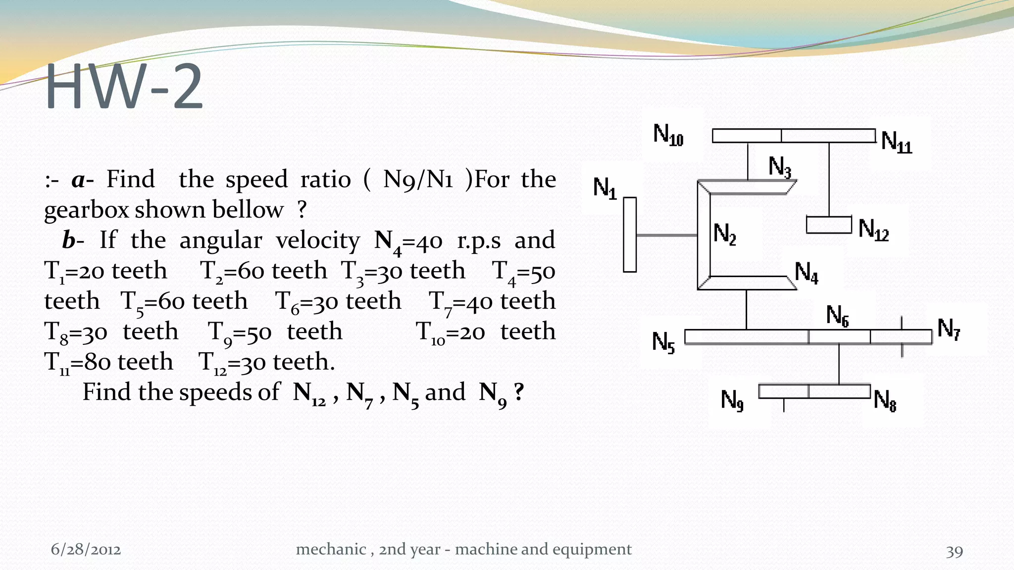 HW-2
:- a- Find the speed ratio ( N9/N1 )For the
gearbox shown bellow ?
  b- If the angular velocity N4=40 r.p.s and
T1=20 teeth T2=60 teeth T3=30 teeth T4=50
teeth T5=60 teeth T6=30 teeth T7=40 teeth
T8=30 teeth T9=50 teeth             T10=20 teeth
T11=80 teeth T12=30 teeth.
    Find the speeds of N12 , N7 , N5 and N9 ?




6/28/2012              mechanic , 2nd year - machine and equipment   39
 