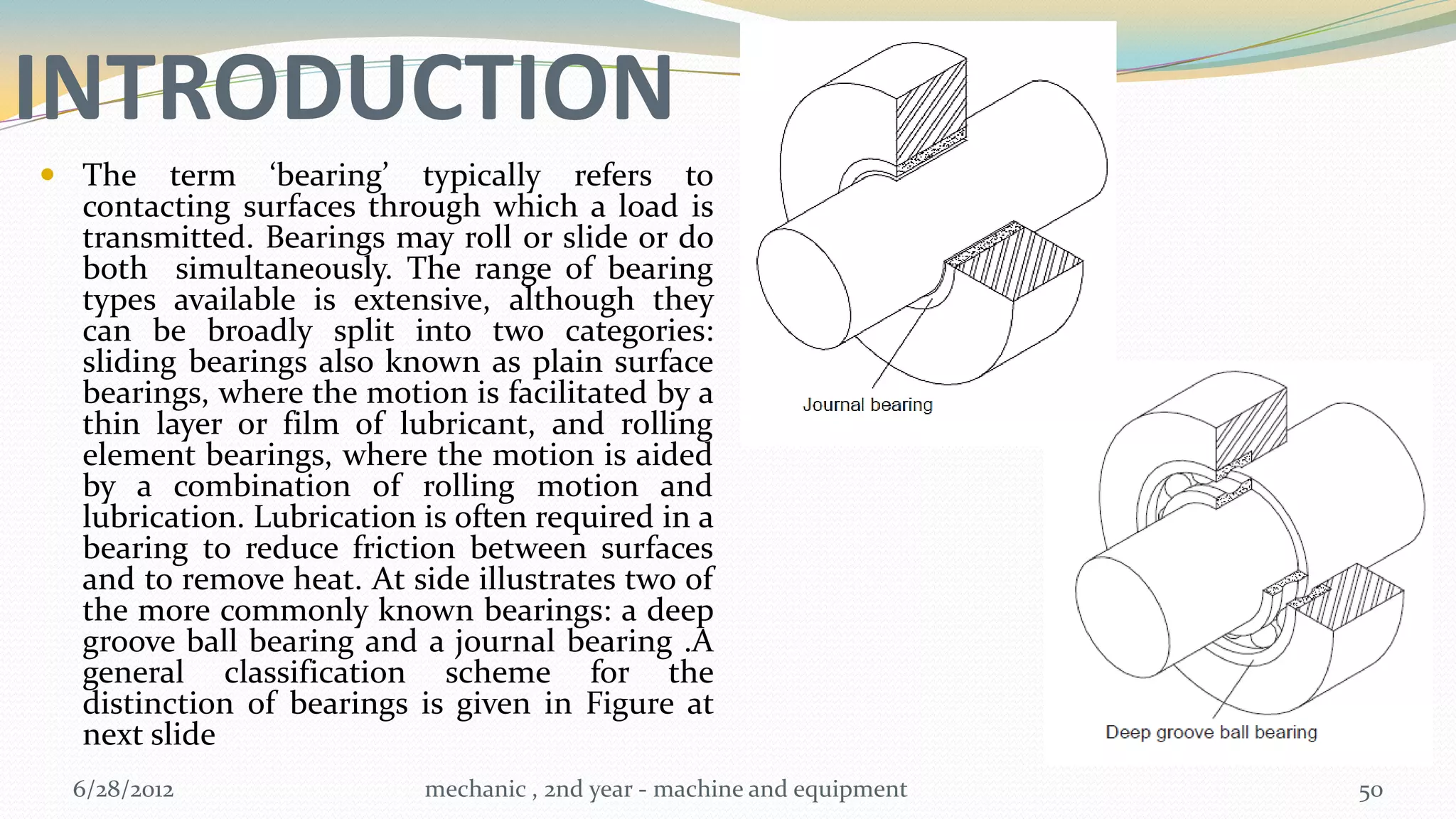 INTRODUCTION
 The term ‘bearing’ typically refers to
  contacting surfaces through which a load is
  transmitted. Bearings may roll or slide or do
  both simultaneously. The range of bearing
  types available is extensive, although they
  can be broadly split into two categories:
  sliding bearings also known as plain surface
  bearings, where the motion is facilitated by a
  thin layer or film of lubricant, and rolling
  element bearings, where the motion is aided
  by a combination of rolling motion and
  lubrication. Lubrication is often required in a
  bearing to reduce friction between surfaces
  and to remove heat. At side illustrates two of
  the more commonly known bearings: a deep
  groove ball bearing and a journal bearing .A
  general classification scheme for the
  distinction of bearings is given in Figure at
  next slide
  6/28/2012                mechanic , 2nd year - machine and equipment   50
 