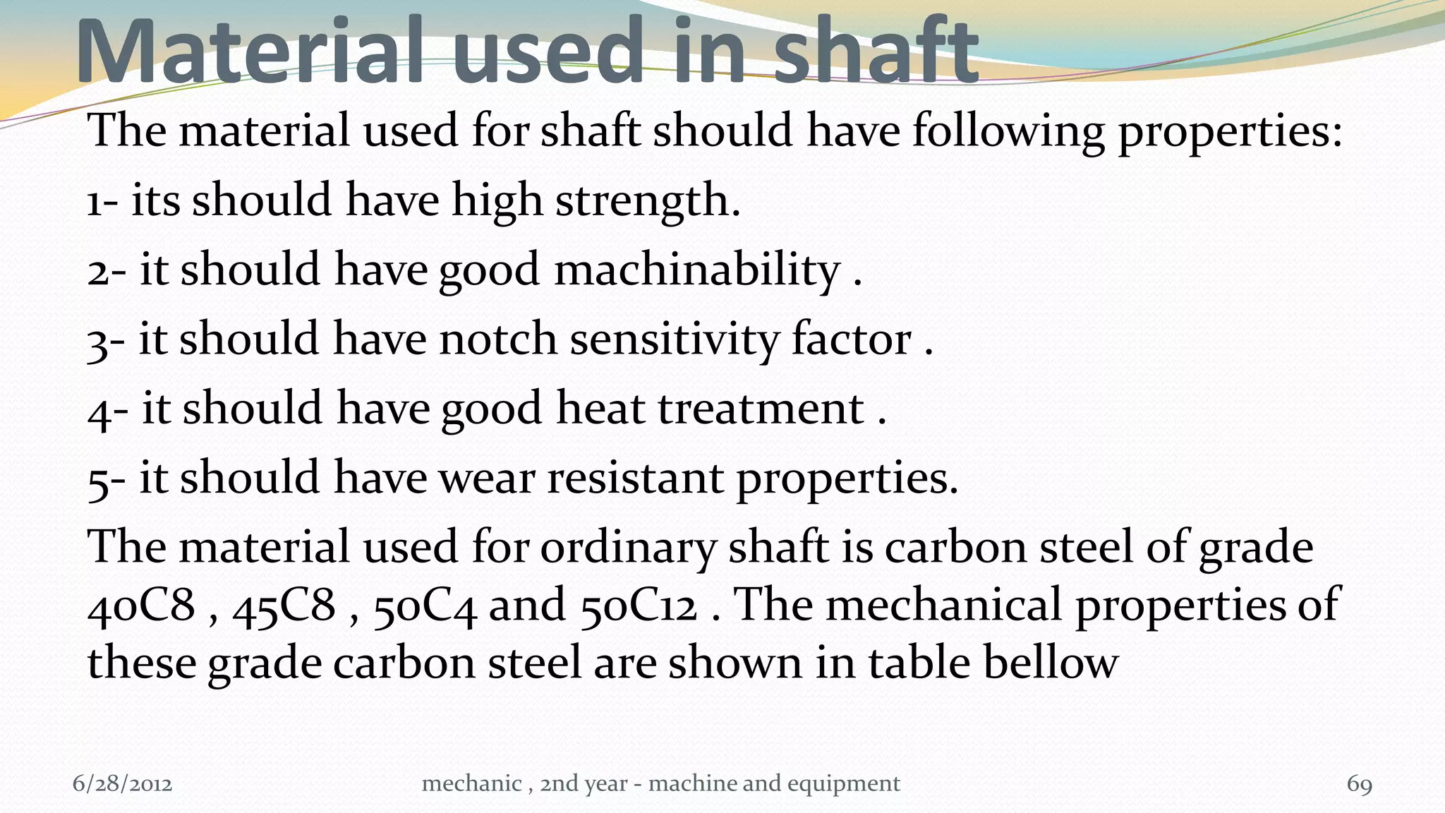 Material used in shaft
 The material used for shaft should have following properties:
 1- its should have high strength.
 2- it should have good machinability .
 3- it should have notch sensitivity factor .
 4- it should have good heat treatment .
 5- it should have wear resistant properties.
 The material used for ordinary shaft is carbon steel of grade
 40C8 , 45C8 , 50C4 and 50C12 . The mechanical properties of
 these grade carbon steel are shown in table bellow

6/28/2012        mechanic , 2nd year - machine and equipment     69
 