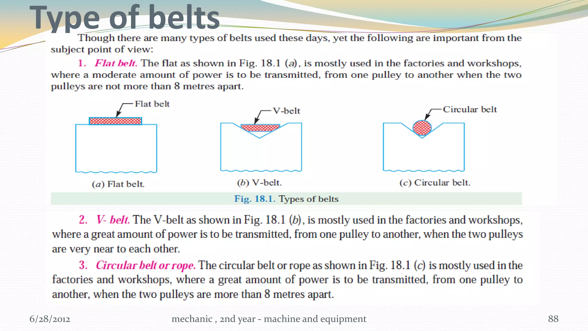 Type of belts




6/28/2012   mechanic , 2nd year - machine and equipment   88
 