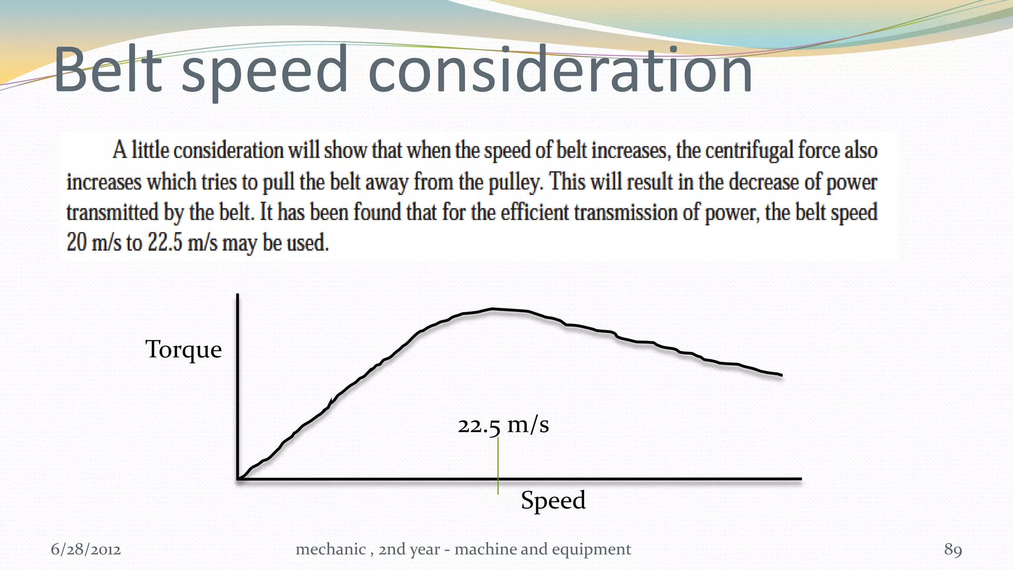 Belt speed consideration


            Torque

                                         22.5 m/s


                                                 Speed
6/28/2012            mechanic , 2nd year - machine and equipment   89
 