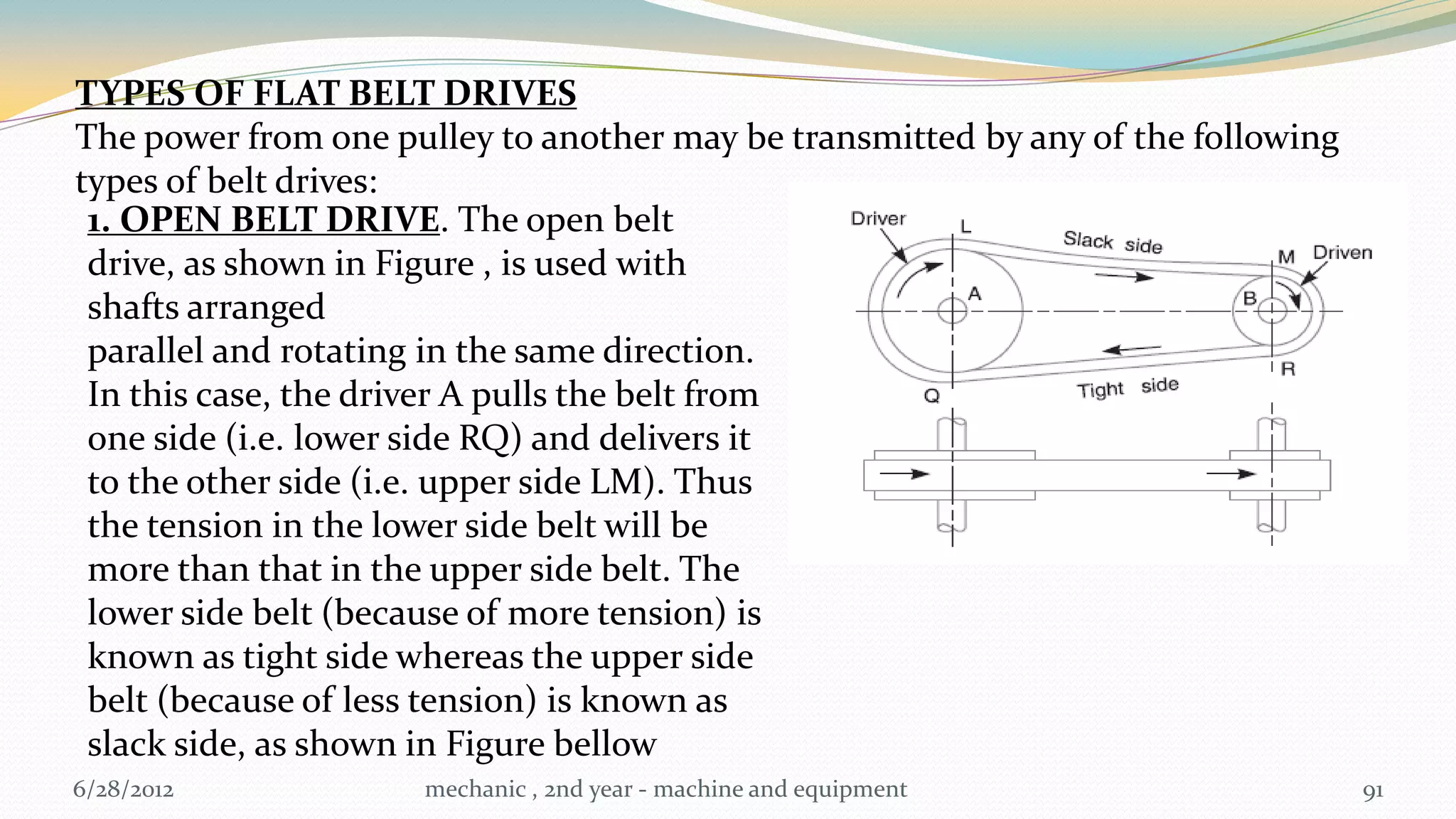 TYPES OF FLAT BELT DRIVES
The power from one pulley to another may be transmitted by any of the following
types of belt drives:
 1. OPEN BELT DRIVE. The open belt
 drive, as shown in Figure , is used with
 shafts arranged
 parallel and rotating in the same direction.
 In this case, the driver A pulls the belt from
 one side (i.e. lower side RQ) and delivers it
 to the other side (i.e. upper side LM). Thus
 the tension in the lower side belt will be
 more than that in the upper side belt. The
 lower side belt (because of more tension) is
 known as tight side whereas the upper side
 belt (because of less tension) is known as
 slack side, as shown in Figure bellow
6/28/2012            mechanic , 2nd year - machine and equipment                  91
 