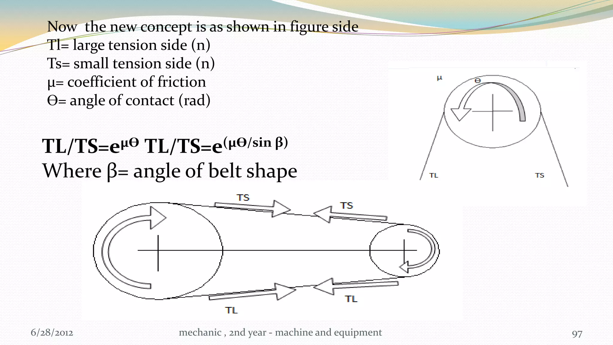 Now the new concept is as shown in figure side
   Tl= large tension side (n)
   Ts= small tension side (n)
   µ= coefficient of friction
   Ɵ= angle of contact (rad)


  TL/TS=eµƟ TL/TS=e(µƟ/sin β)
  Where β= angle of belt shape




6/28/2012             mechanic , 2nd year - machine and equipment   97
 