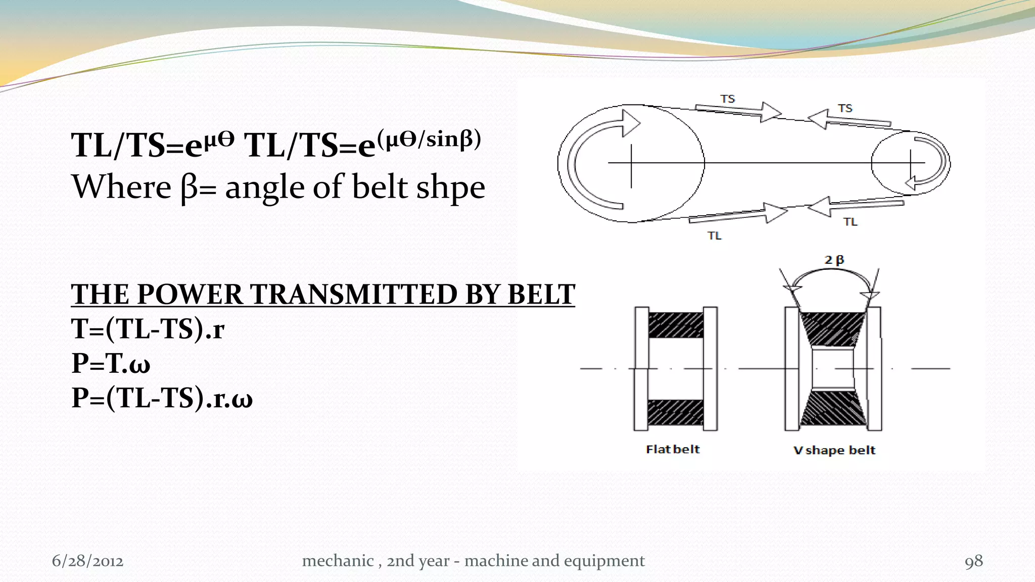 TL/TS=eµƟ TL/TS=e(µƟ/sinβ)
  Where β= angle of belt shpe


  THE POWER TRANSMITTED BY BELT
  T=(TL-TS).r
  P=T.ω
  P=(TL-TS).r.ω




6/28/2012        mechanic , 2nd year - machine and equipment   98
 