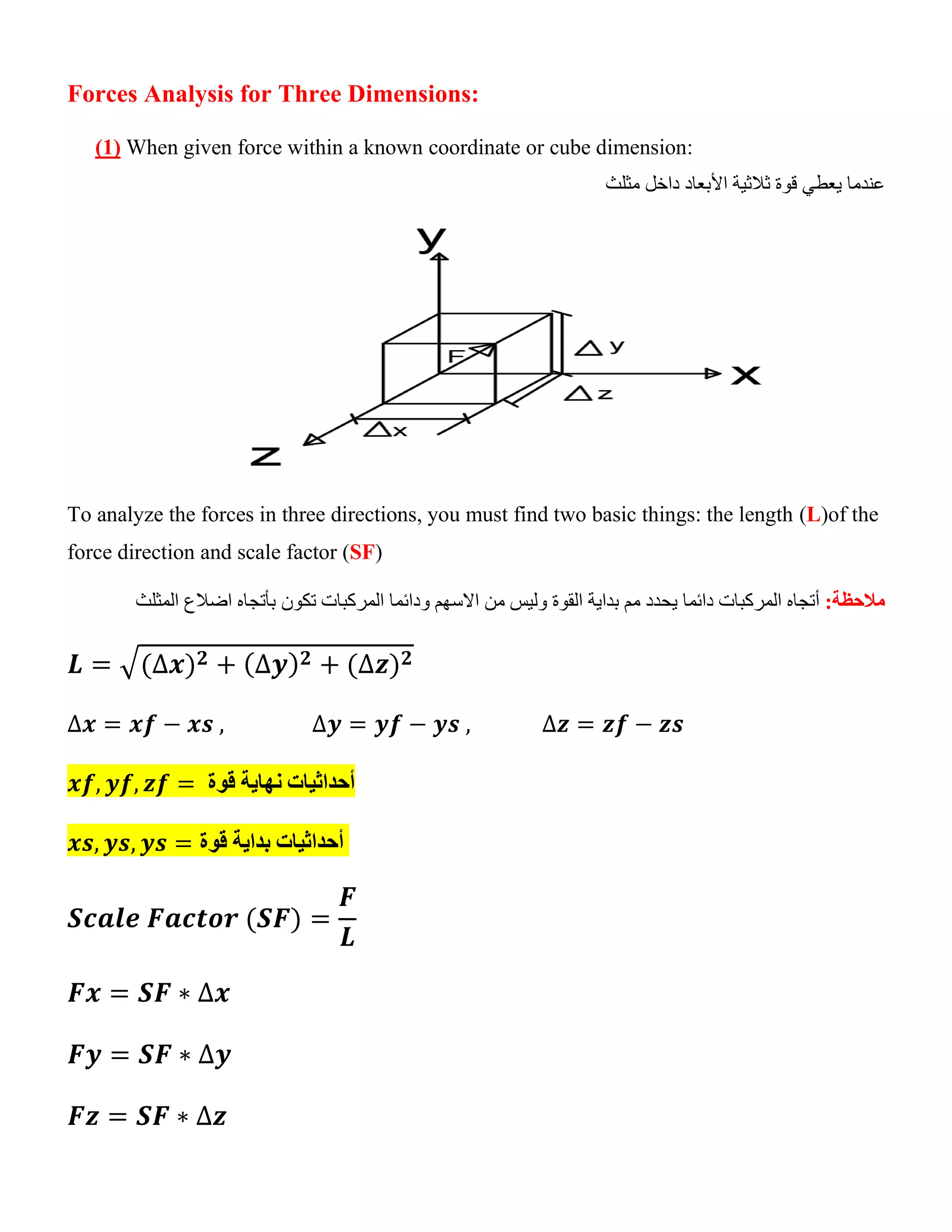 Forces Analysis for Three Dimensions:
(1) When given force within a known coordinate or cube dimension:
‫يع‬ ‫عندما‬
‫ثالثي‬ ‫قوة‬ ‫طي‬
‫األ‬ ‫ة‬
‫مث‬ ‫داخل‬ ‫بعاد‬
‫لث‬
To analyze the forces in three directions, you must find two basic things: the length (L)of the
force direction and scale factor (SF)
:‫مالحظة‬
‫أتج‬
‫دائ‬ ‫المركبات‬ ‫اه‬
‫ما‬
‫ي‬
‫االس‬ ‫من‬ ‫وليس‬ ‫القوة‬ ‫بداية‬ ‫مم‬ ‫حدد‬
‫بأتج‬ ‫تكون‬ ‫المركبات‬ ‫ودائما‬ ‫هم‬
‫ا‬ ‫اه‬
‫المثلث‬ ‫ضالع‬
𝑳 = √(∆𝒙)𝟐 + (∆𝒚)𝟐 + (∆𝒛)𝟐
∆𝒙 = 𝒙𝒇 − 𝒙𝒔 , ∆𝒚 = 𝒚𝒇 − 𝒚𝒔 , ∆𝒛 = 𝒛𝒇 − 𝒛𝒔
𝒙𝒇, 𝒚𝒇, 𝒛𝒇 = ‫قوة‬ ‫نهاية‬ ‫أحداثيات‬
𝒙𝒔, 𝒚𝒔, 𝒚𝒔 = ‫قوة‬ ‫بداية‬ ‫أحداثيات‬
𝑺𝒄𝒂𝒍𝒆 𝑭𝒂𝒄𝒕𝒐𝒓 (𝑺𝑭) =
𝑭
𝑳
𝑭𝒙 = 𝑺𝑭 ∗ ∆𝒙
𝑭𝒚 = 𝑺𝑭 ∗ ∆𝒚
𝑭𝒛 = 𝑺𝑭 ∗ ∆𝒛
 