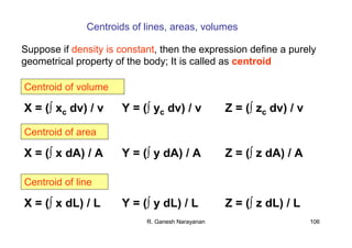 R. Ganesh Narayanan 106
Centroids of lines, areas, volumes
X = (∫ xc dv) / v Y = (∫ yc dv) / v Z = (∫ zc dv) / v
Suppose if density is constant, then the expression define a purely
geometrical property of the body; It is called as centroid
Centroid of volume
X = (∫ x dA) / A Y = (∫ y dA) / A Z = (∫ z dA) / A
Centroid of area
X = (∫ x dL) / L Y = (∫ y dL) / L Z = (∫ z dL) / L
Centroid of line
 