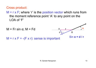 R. Ganesh Narayanan 13
Cross product:
M = r x F; where ‘r’ is the position vector which runs from
the moment reference point ‘A’ to any point on the
LOA of ‘F’
M = Fr sin α; M = Fd
M = r x F = -(F x r): sense is important
B
A
d
r α
Sin α = d / r
 
