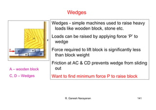R. Ganesh Narayanan 141
Wedges
Wedges - simple machines used to raise heavy
loads like wooden block, stone etc.
Loads can be raised by applying force ‘P’ to
wedge
Force required to lift block is significantly less
than block weight
Friction at AC & CD prevents wedge from sliding
out
Want to find minimum force P to raise block
A – wooden block
C, D – Wedges
 