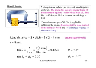 R. Ganesh Narayanan 150
Beer/Johnston A clamp is used to hold two pieces of wood together
as shown. The clamp has a double square thread of
mean diameter equal to 10 mm with a pitch of 2 mm.
The coefficient of friction between threads is µs =
0.30.
If a maximum torque of 40 Nm is applied in
tightening the clamp, determine (a) the force exerted
on the pieces of wood, and (b) the torque required to
loosen the clamp.
Lead distance = 2 x pitch = 2 x 2 = 4 mm
r = 5 mm
( )
30.0tan
1273.0
mm10
mm22
2
tan
==
===
ss
r
L
µφ
ππ
θ °= 3.7θ
°= 7.16sφ
(double square thread)
 