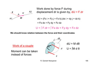 R. Ganesh Narayanan 166
F
A
A’
drA1
A2
Work done by force F during
displacement dr is given by, dU = F.dr
dU = (Fx i + Fy j + Fz k).(dx i + dy j + dz k)
= Fx dx + Fy dy + Fz dz
U = ∫ F.dr = ∫ Fx dx + Fy dy + Fz dz
We should know relation between the force and their coordinates
Work of a couple
dθ
M
dU = M dθ
U = ∫M d θ
F
-F
Moment can be taken
instead of forces
 