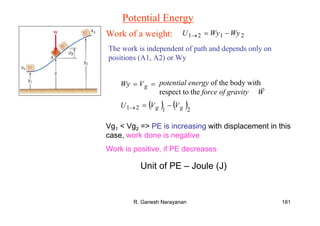 R. Ganesh Narayanan 181
Potential Energy
Work of a weight: 2121 WyWyU −=→
The work is independent of path and depends only on
positions (A1, A2) or Wy
potential energy of the body with
respect to the force of gravity W
r== gVWy
( ) ( )2121 gg VVU −=→
Vg1 < Vg2 => PE is increasing with displacement in this
case, work done is negative
Work is positive, if PE decreases
Unit of PE – Joule (J)
 
