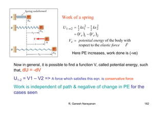 R. Ganesh Narayanan 182
Work of a spring
( ) ( )
=
−=
−=→
e
ee
V
VV
kxkxU
21
2
22
12
12
1
21
potential energy of the body with
respect to the elastic force F
r
Here PE increases, work done is (-ve)
Now in general, it is possible to find a function V, called potential energy, such
that, dU = -dV
U1-2 = V1 – V2 => A force which satisfies this eqn. is conservative force
Work is independent of path & negative of change in PE for the
cases seen
 