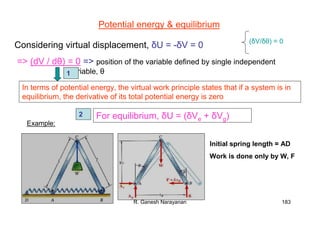 R. Ganesh Narayanan 183
Potential energy & equilibrium
Considering virtual displacement, δU = -δV = 0
=> (dV / dθ) = 0 => position of the variable defined by single independent
variable, θ
In terms of potential energy, the virtual work principle states that if a system is in
equilibrium, the derivative of its total potential energy is zero
(δV/δθ) = 0
Example:
Initial spring length = AD
Work is done only by W, F
For equilibrium, δU = (δVe + δVg)
1
2
 