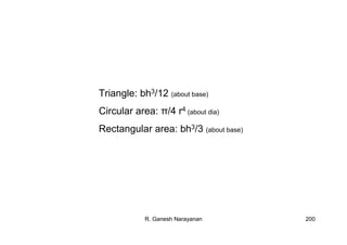 R. Ganesh Narayanan 200
Triangle: bh3/12 (about base)
Circular area: π/4 r4 (about dia)
Rectangular area: bh3/3 (about base)
 