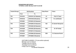 R. Ganesh Narayanan 25
ENGINEERING MECHANICS
TUTORIAL CLASS: Monday 8 AM TO 8.55 AM
07010605 (5 Students)07010601
Dr. Saravana Kumar120507010449 (36 Students)07010414TG5
07010413 (13 Students)07010401
Dr. M. Pandey120207010353 (28 Students)07010326TG4
07010325 (25 Students)07010301
R. Ganesh Narayanan1G207010249 (16 Students)07010234TG3
07010233 (33 Students)07010201
Dr. senthilvelan1G107010149 (8 Students)07010142TG2
Prof. R. TiwariL207010141 (41 Students)07010101TG1
ToFrom
TutorsClass RoomRoll NumbersTutorial Groups
LECTURE CLASSES: LT2 (one will be optional):
Monday 3 pm to 3.55 pm
Tuesday 2 pm to 2.55 pm
Thursday 5 pm to 5.55 pm
Friday 4 pm to 4.55 pm
 